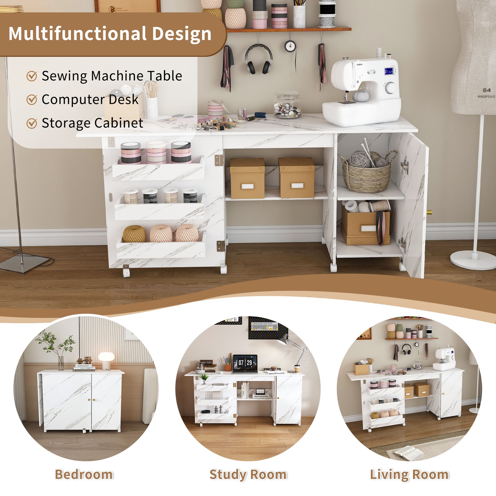 Foldable Sewing Machine Table,Adjustable Sewing Storage Cabinet with Shelves