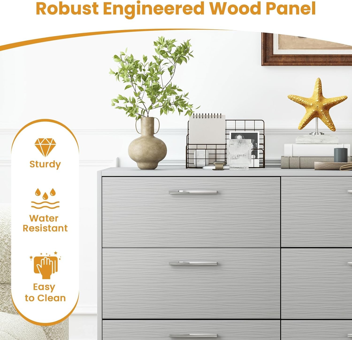 Storage Cabinet with 6 Drawers Metal Legs & Handles Anti-Toppling Devices Wide