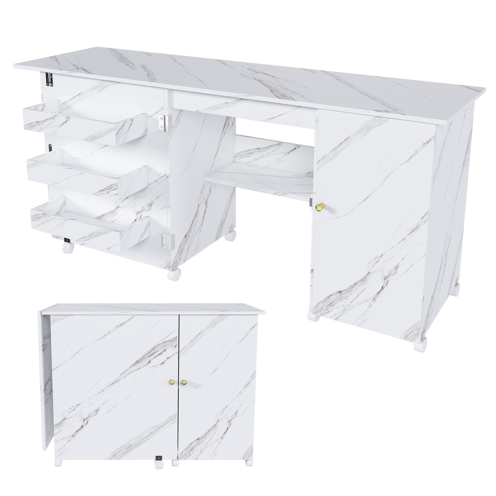 Foldable Sewing Machine Table,Adjustable Sewing Storage Cabinet with Shelves
