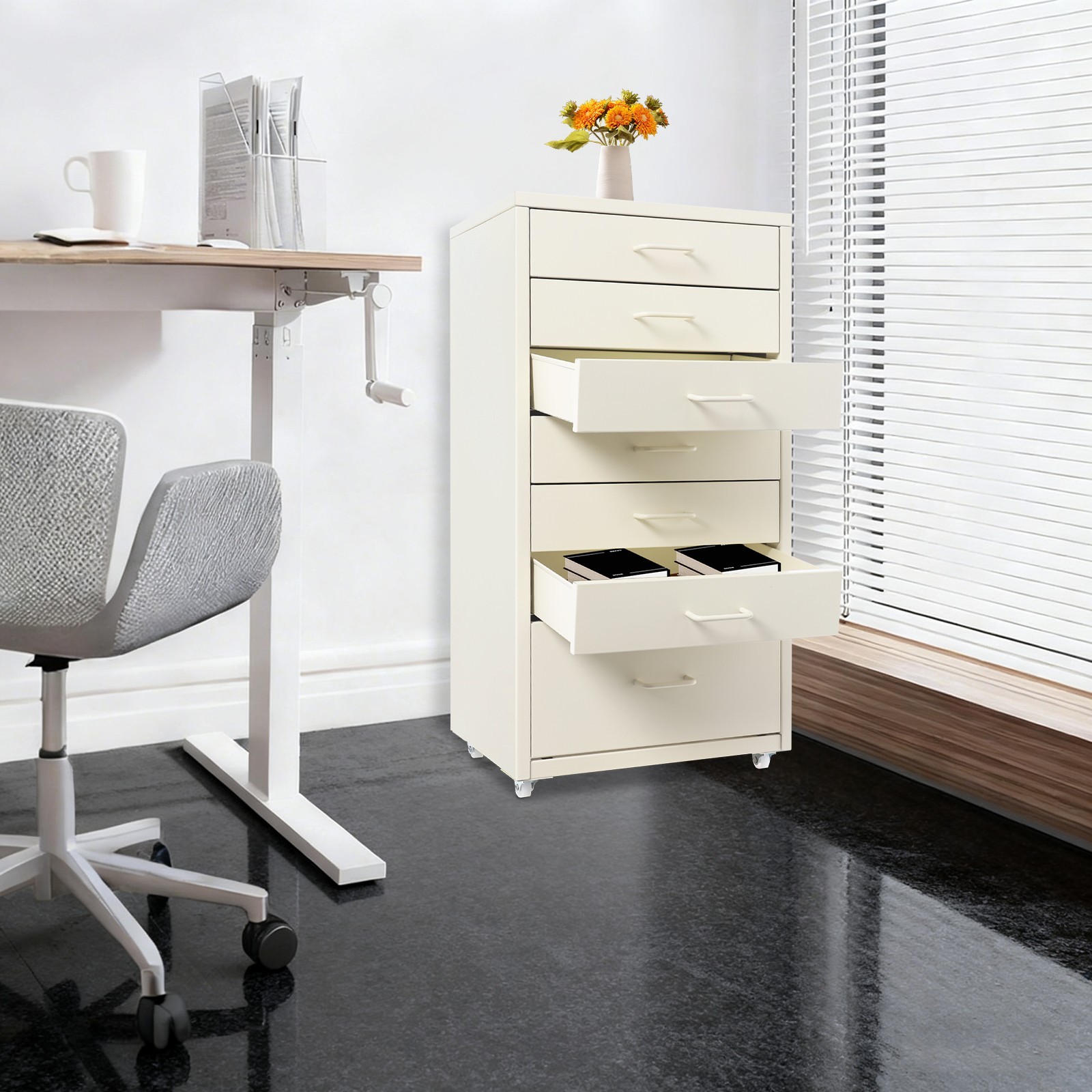 35*26*69cm Movable Bedside Table, 7 Drawers File Cabinet, Beige Storage Cabinet