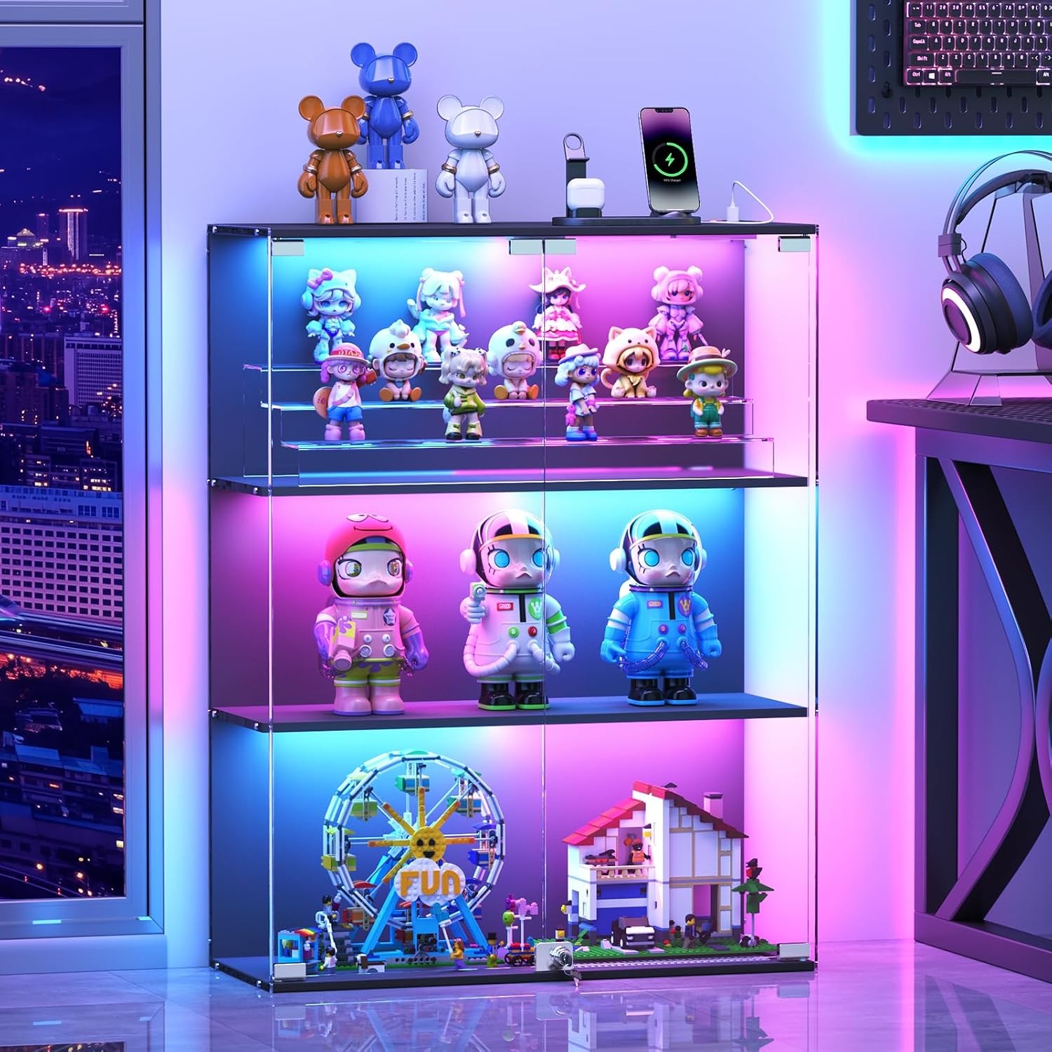 Glass Display Cabinet with RGB LED Lights Full-View Display 3-Tier Display Case
