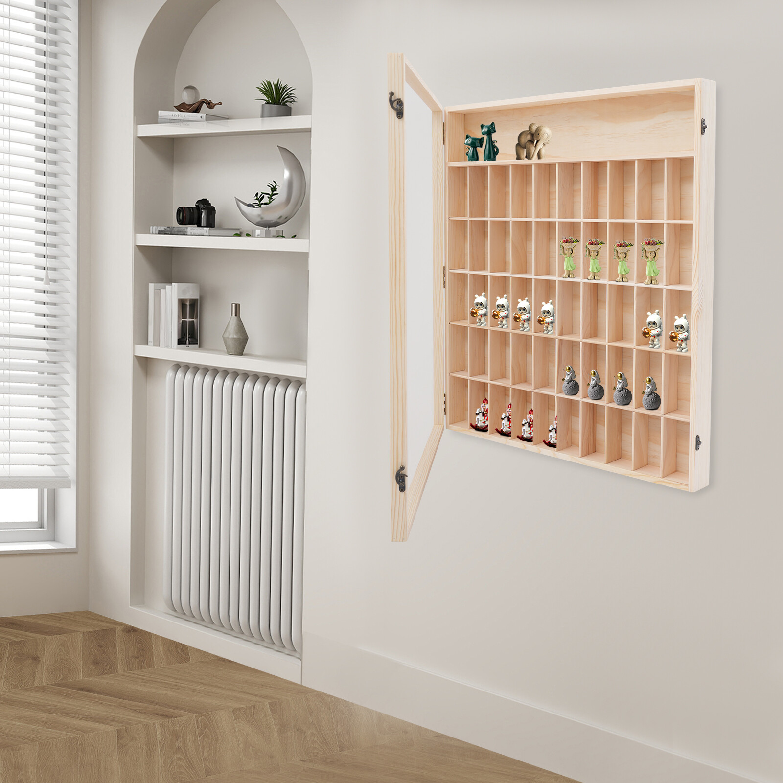 Wooden Wall Mount Display Cabinet With Acrylic Door 50 Slots For Action Figures
