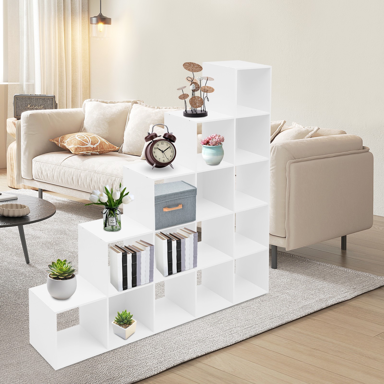 White Ladder Cube Storage Bookcase, L-Shaped Corner Shelf, 15-Cube Organizer