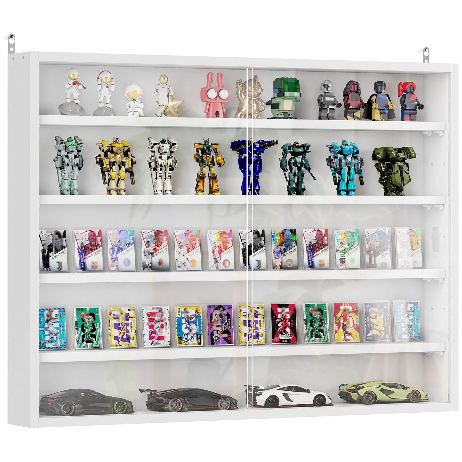 5-Tier Level Display Cabinet Case W/ 2 Glass Doors Adjustable Shelves, White