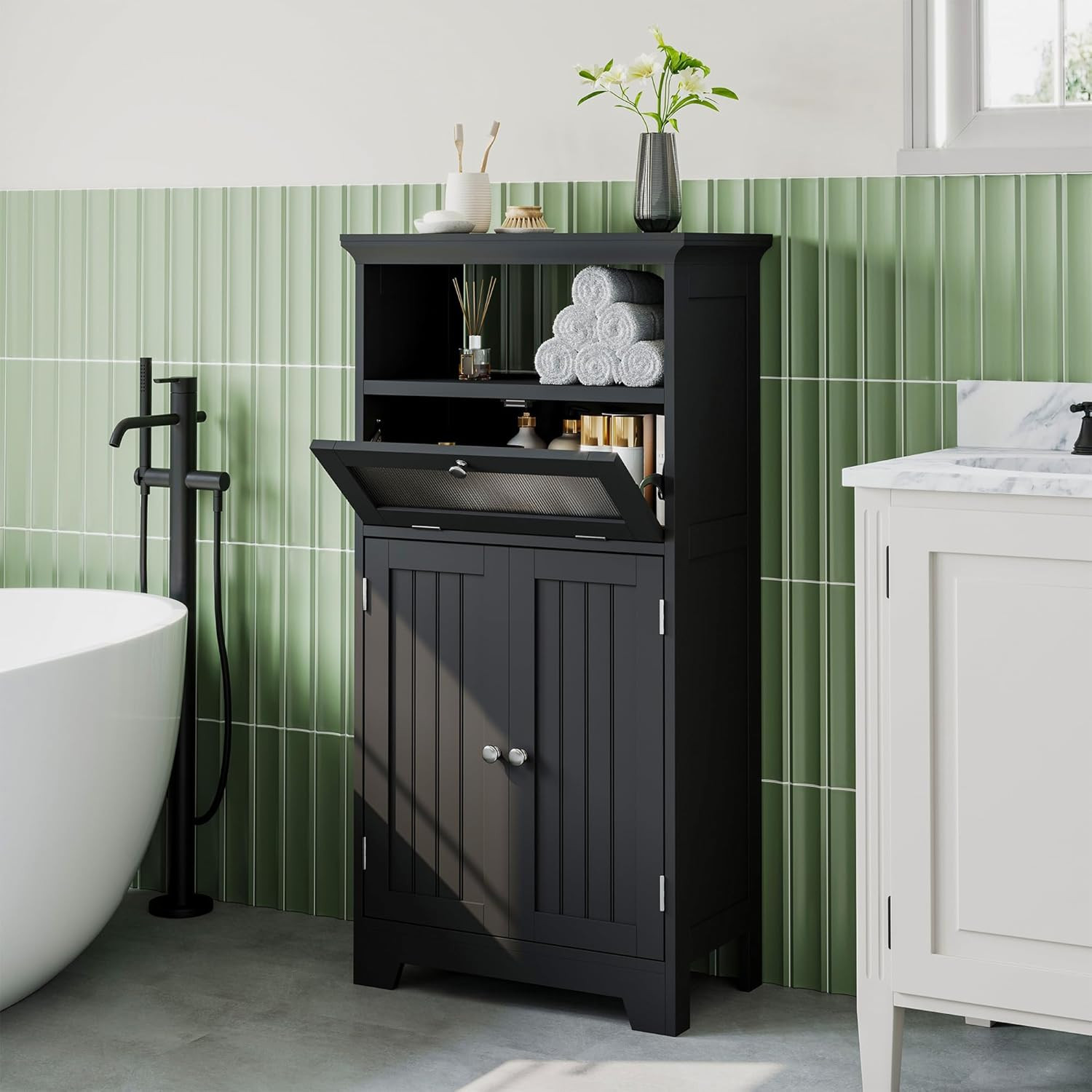 Freestanding Bathroom Cabinet with Flip Glass Drawer, 2 Doors, Adjustable Shelf,