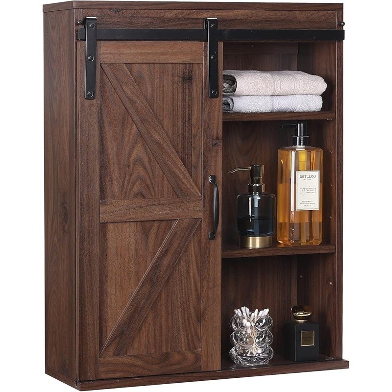 Vintage Farmhouse Wall Mounted Storage Cabinet W/ Adjustable Shelves Hidden Door