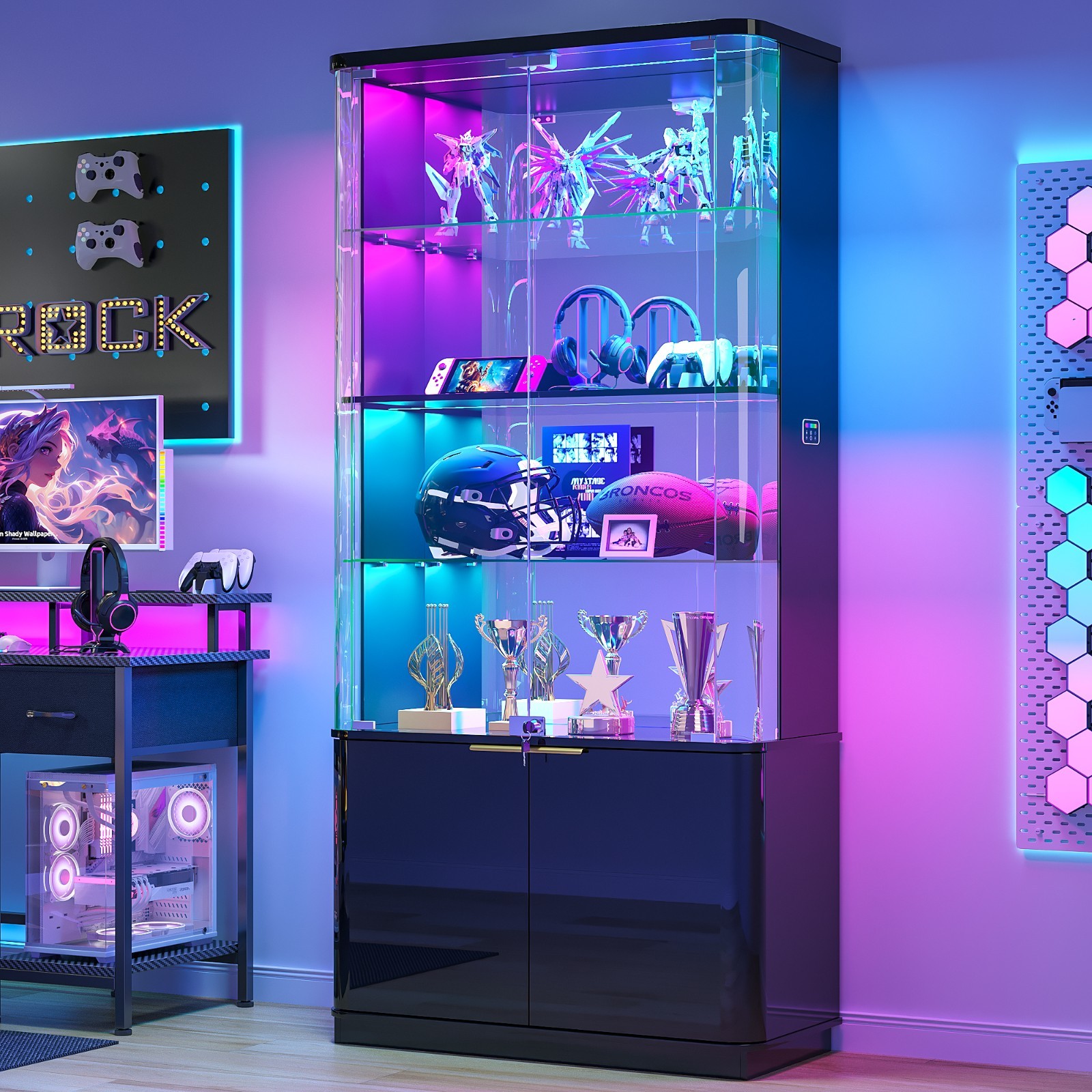 71″ Tall Locking Display Cabinet with RGB Lights & Motion Sensor for Collectible