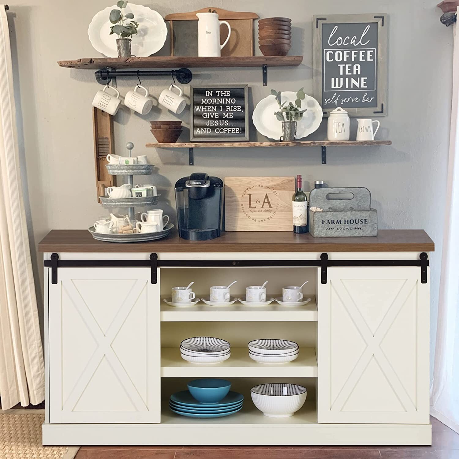 Farmhouse Barn Door Coffee Bar Cabinet Sideboard Buffet with Multi-Layer Storage