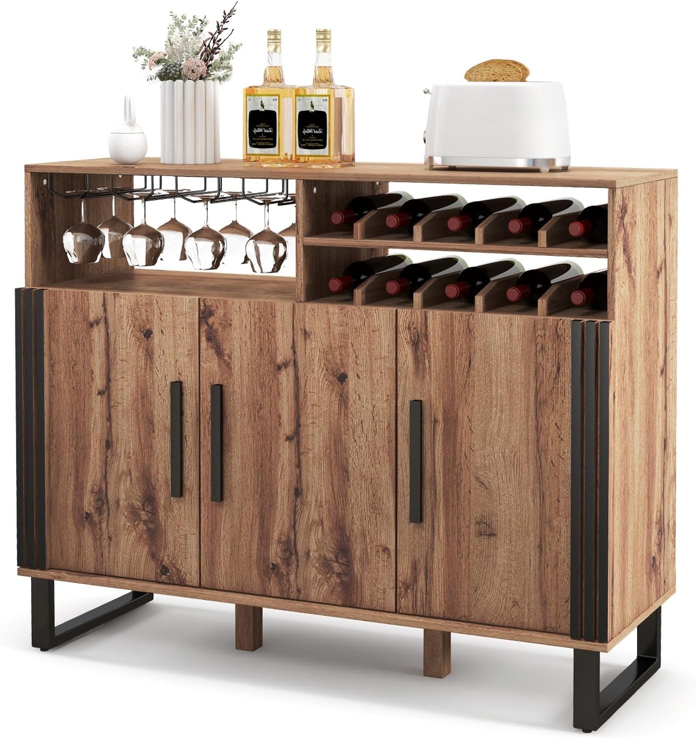Wine Bar Cabinet Buffet Sideboard with 3 Doors & Adjustable Shelves Liquor