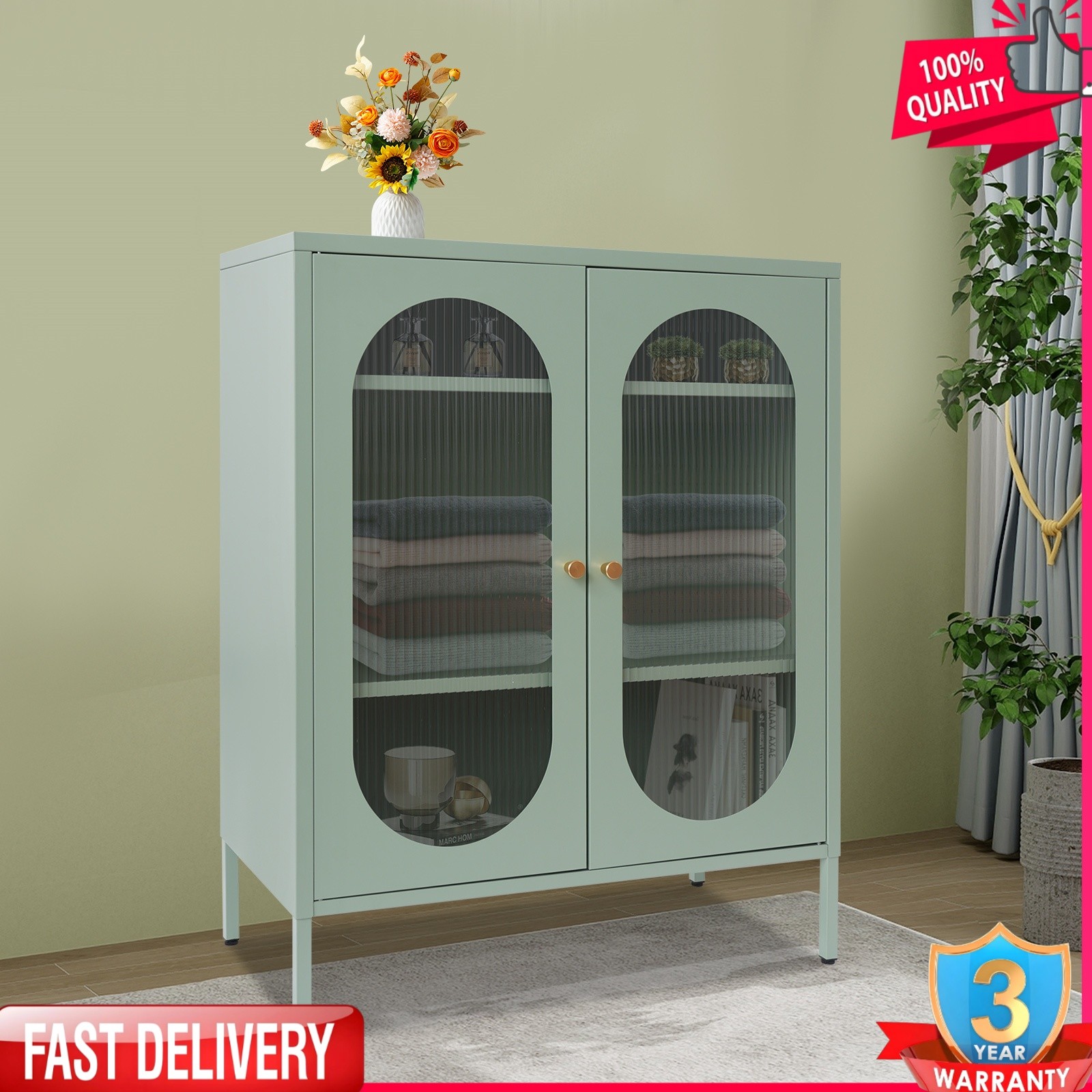 3 Tiers Storage Cabinet, Iron Accent Cabinet, Pantry Organizer (Creamy Green)