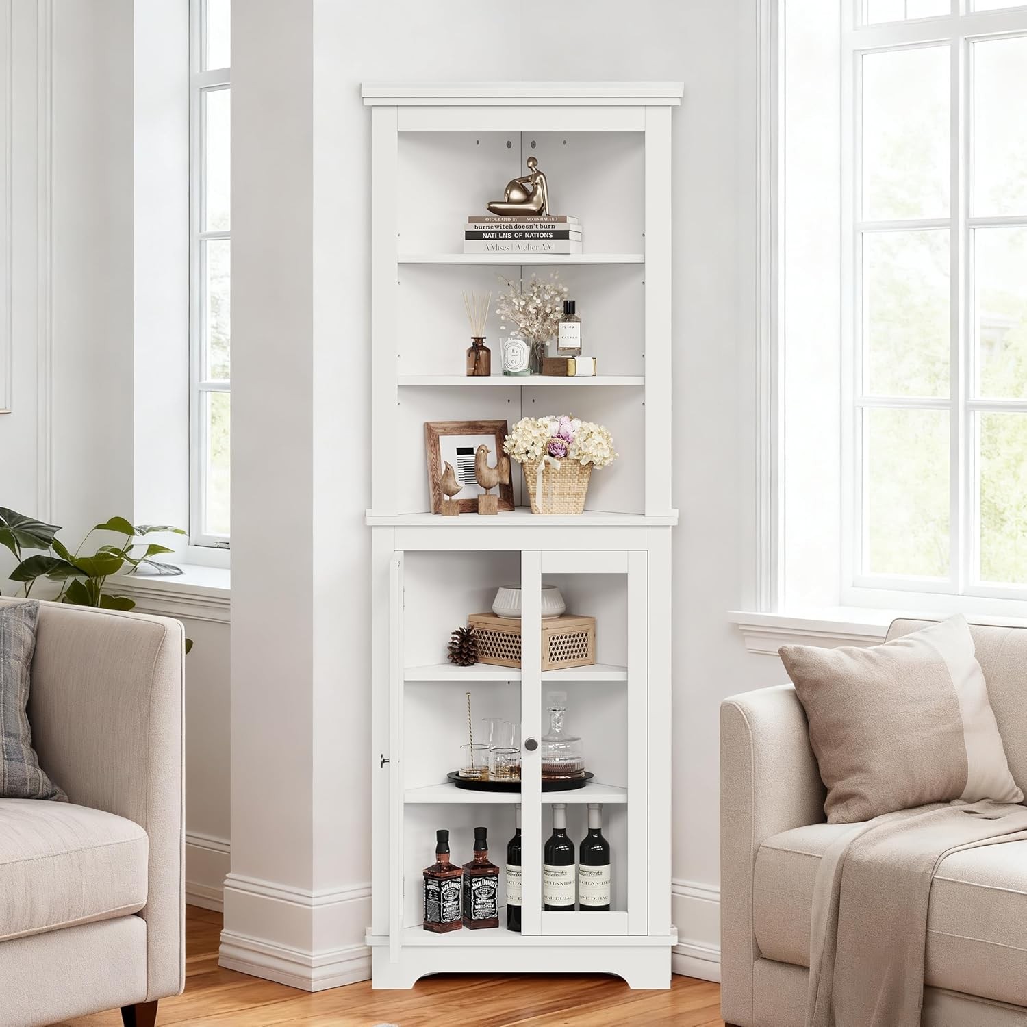 5-Tier Display Corner Storage Cabinet Bookcase with Glass Door Adjustable Shelf