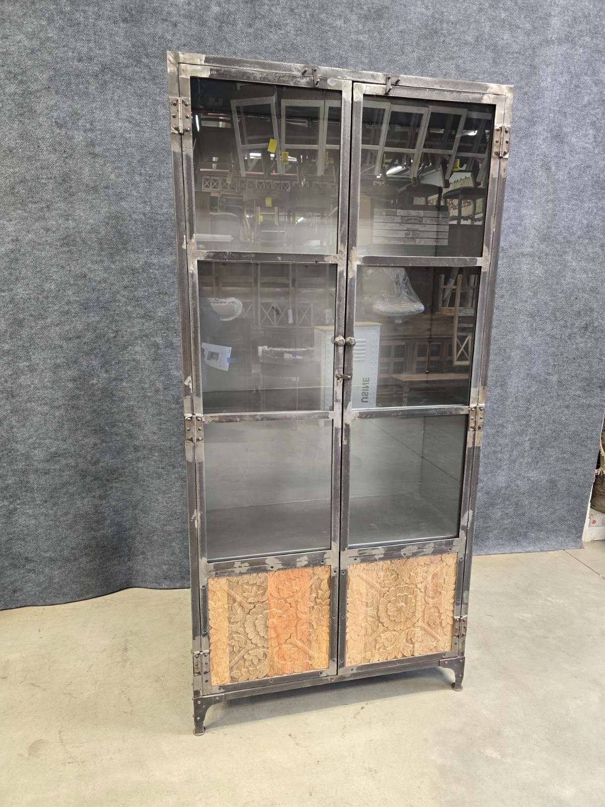 Industrial Iron & Carved Wood Display Cabinet