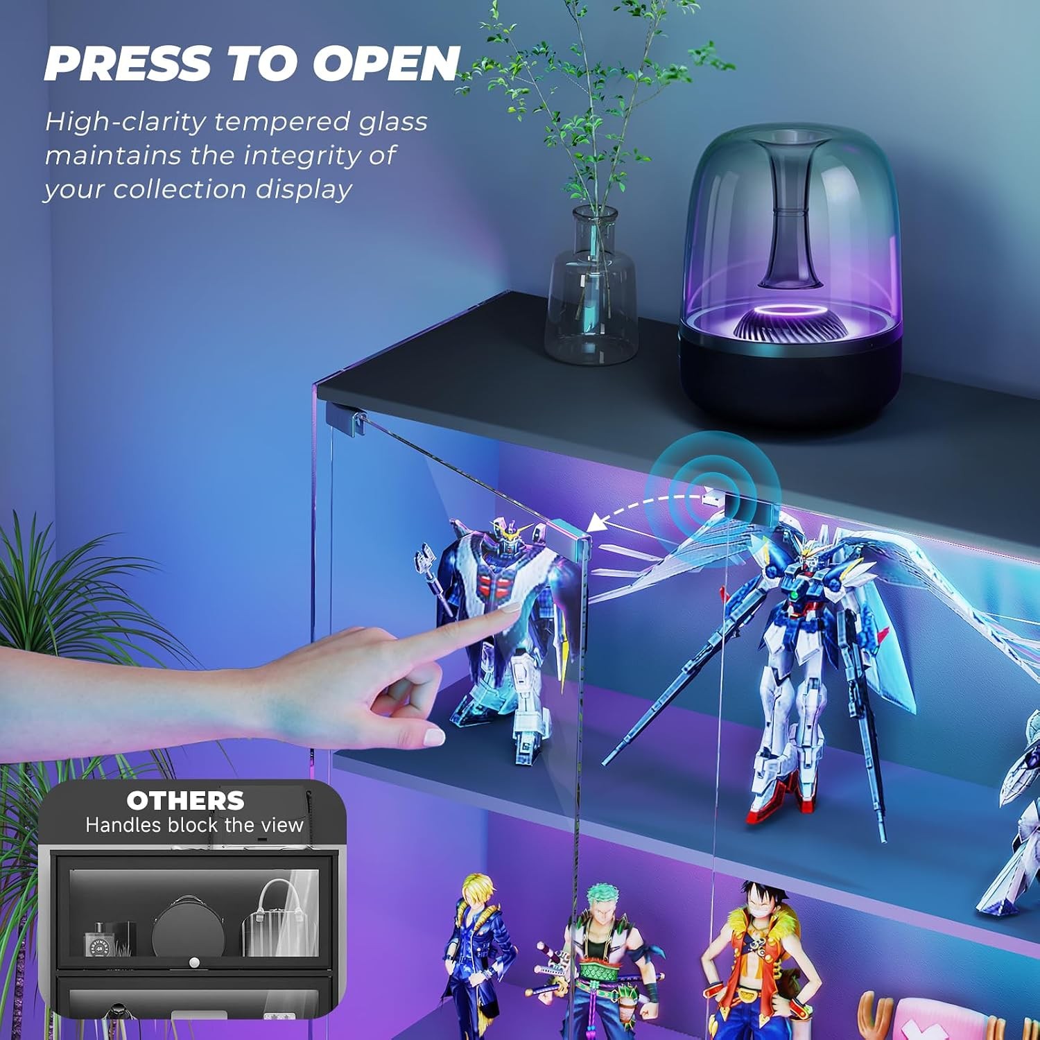 Glass Display Cabinet with RGB LED Lights Full-View Display 3-Tier Display Case