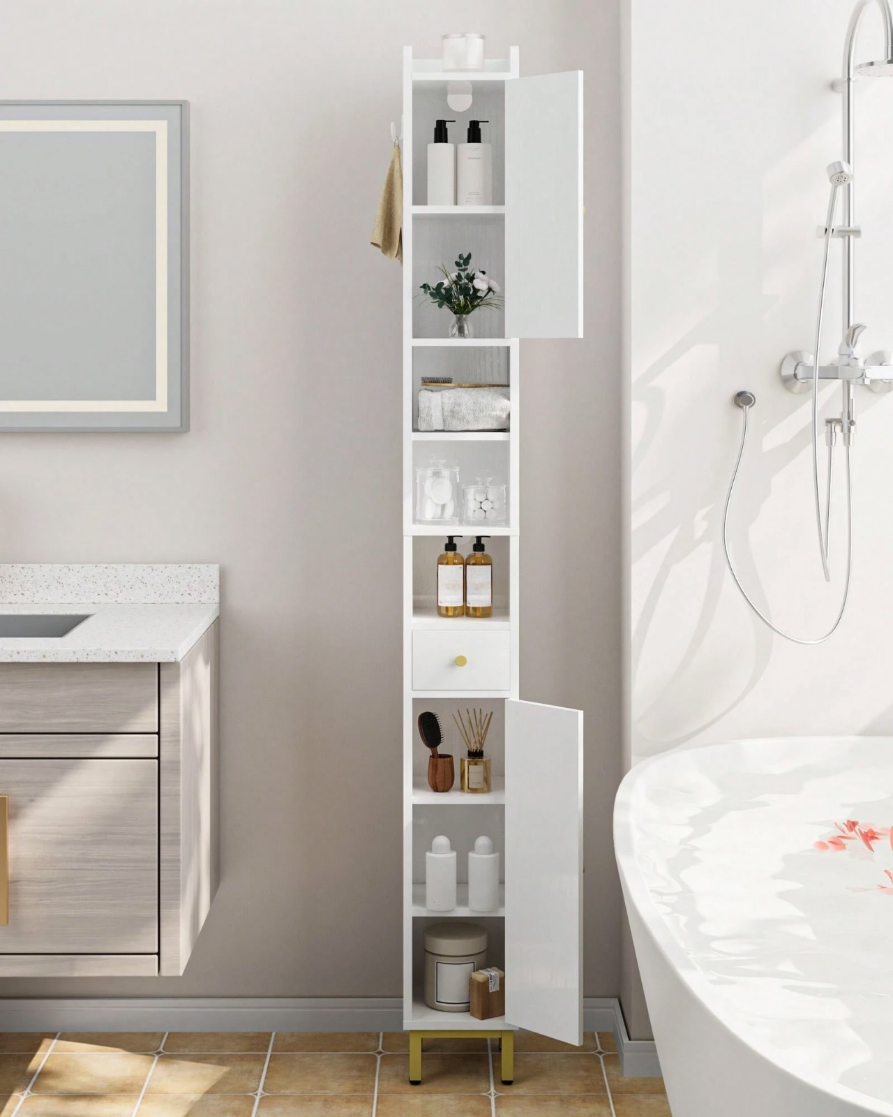Tall Narrow Bathroom Cabinet 2 Doors Drawer Adjustable Shelves White