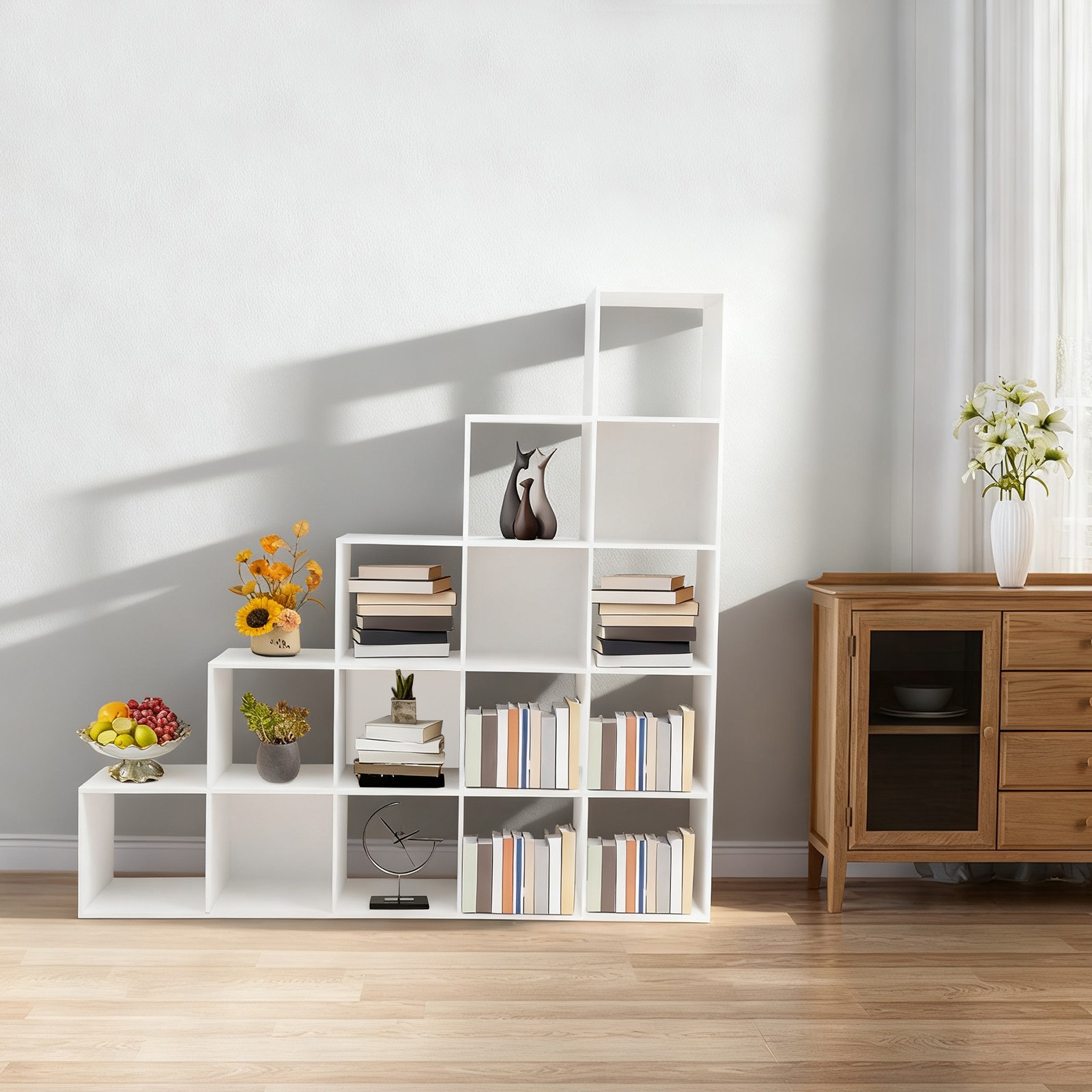 White Ladder Cube Storage Bookcase, L-Shaped Corner Shelf, 15-Cube Organizer