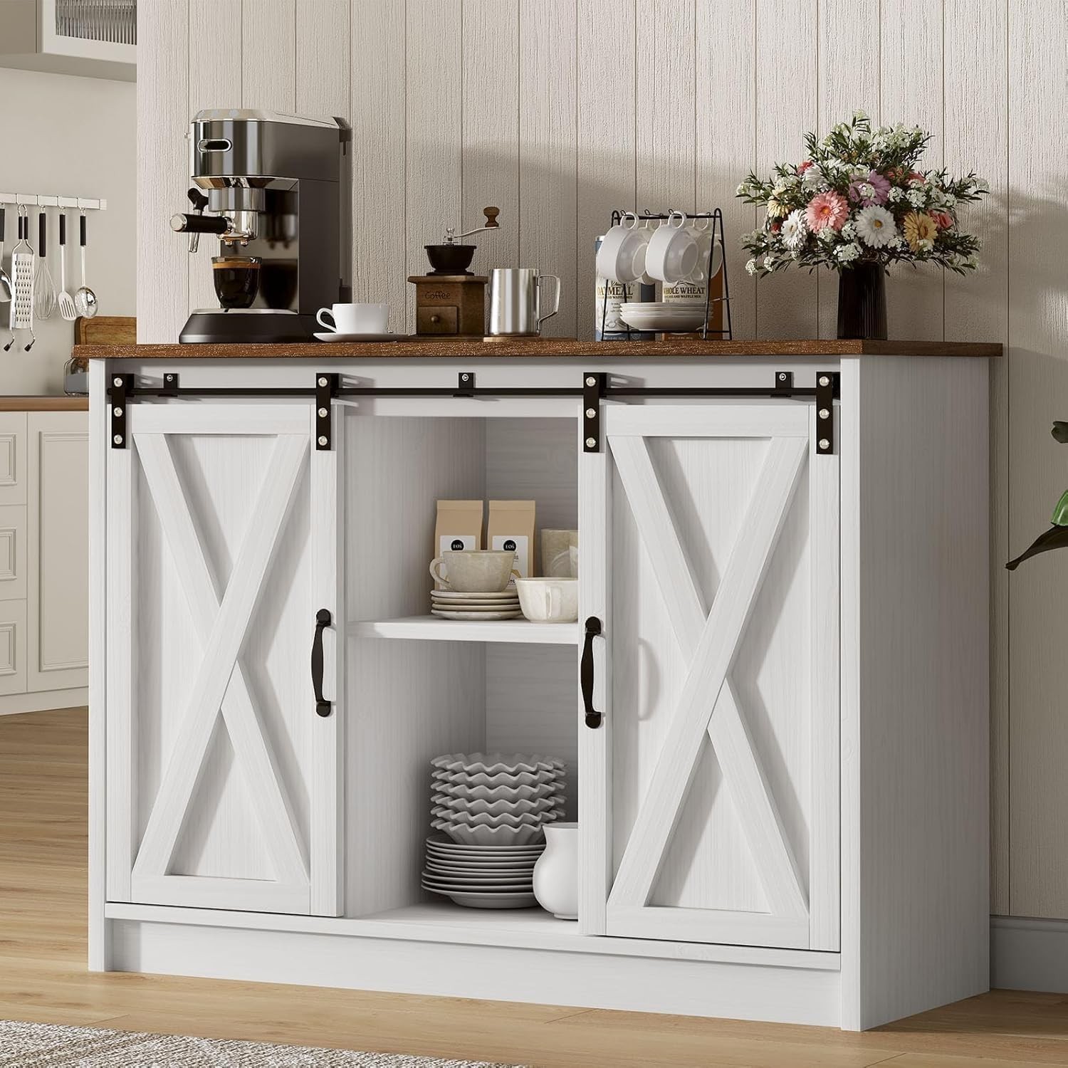 Farmhouse Coffee Bar Cabinet 42″ Buffet Cabinet W/ Storage & Adjustable Shelf