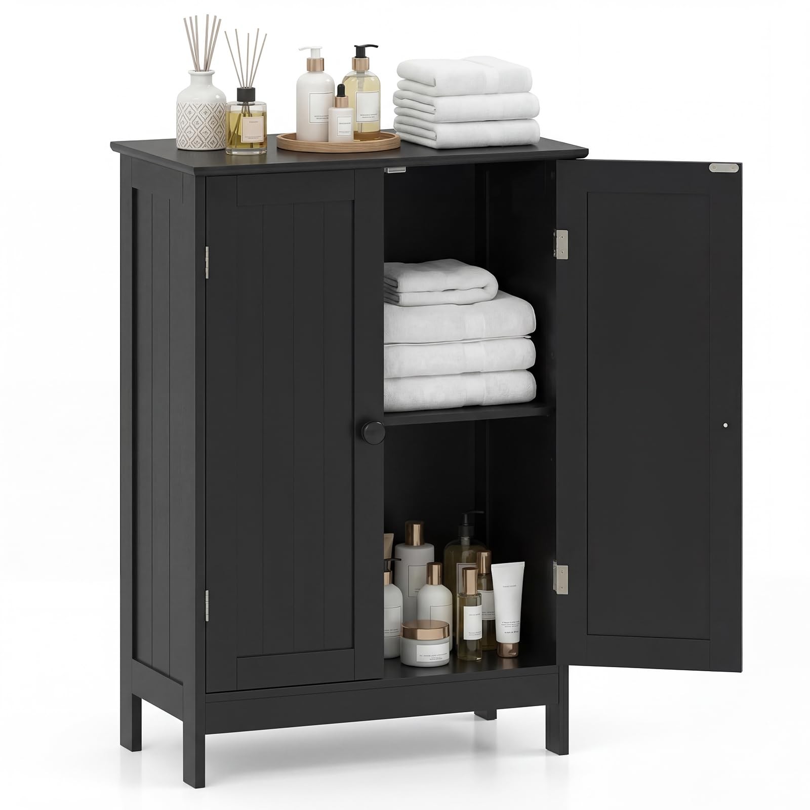 Tangkula Bathroom Storage Cabinet, Freestanding Wooden Floor Cabinet with Dou…