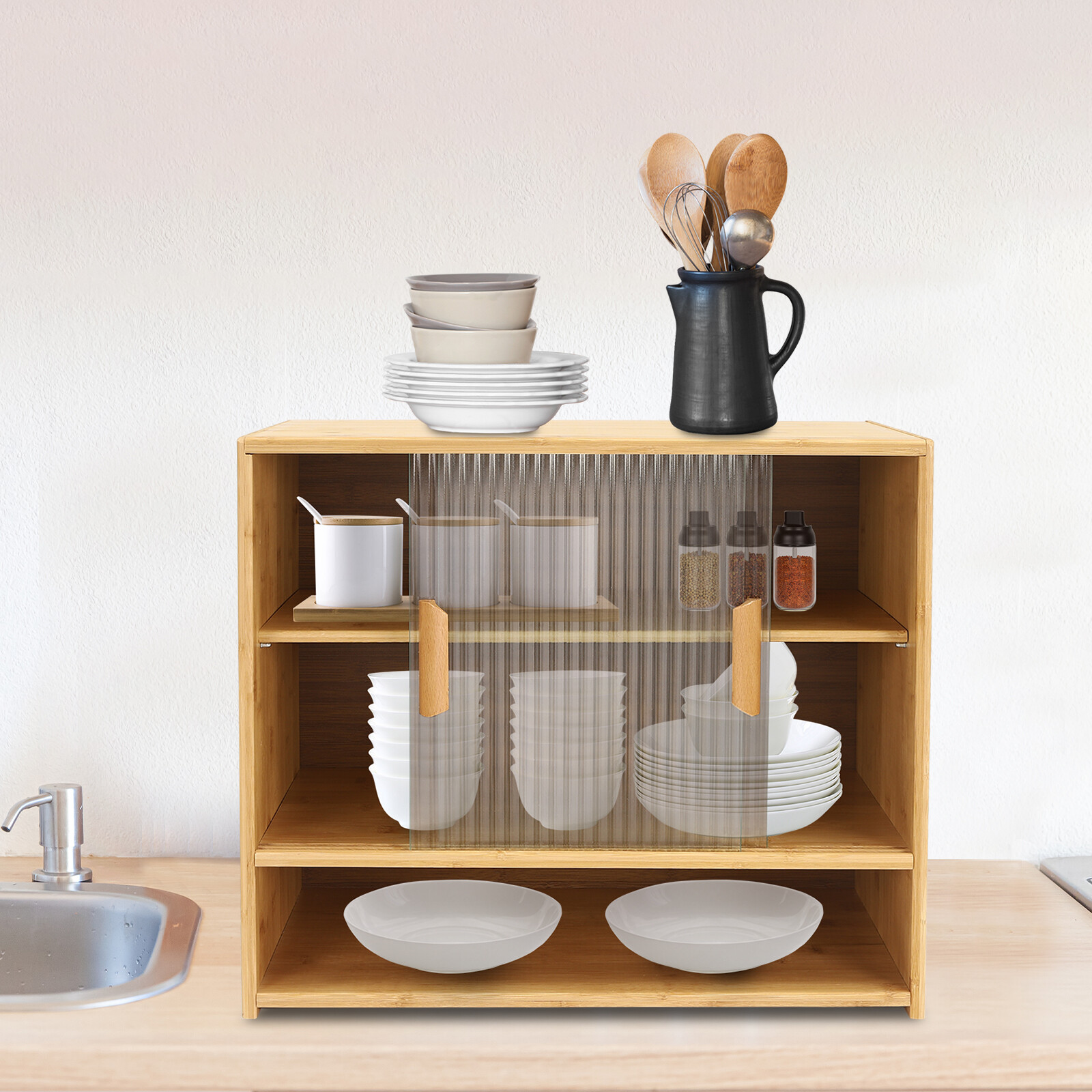Small Bamboo Kitchen Pantry Sideboard with Sliding Doors and Ample Storage