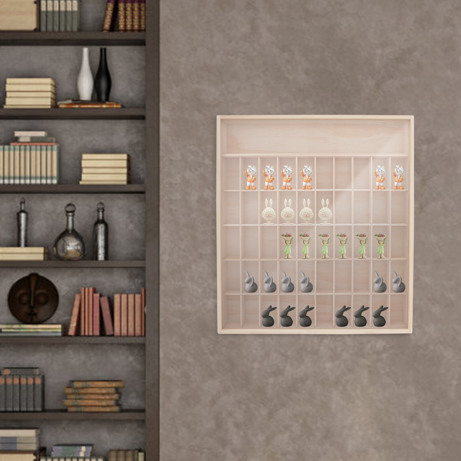 Wooden Wall Mount Display Cabinet With Acrylic Door 50 Slots For Action Figures