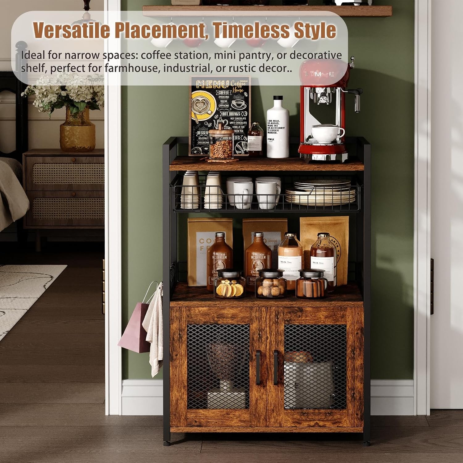 Coffee Bar Cabinet, 3 Tier Coffee Station Table on Wheels, 35.9″ H Bar Cart with