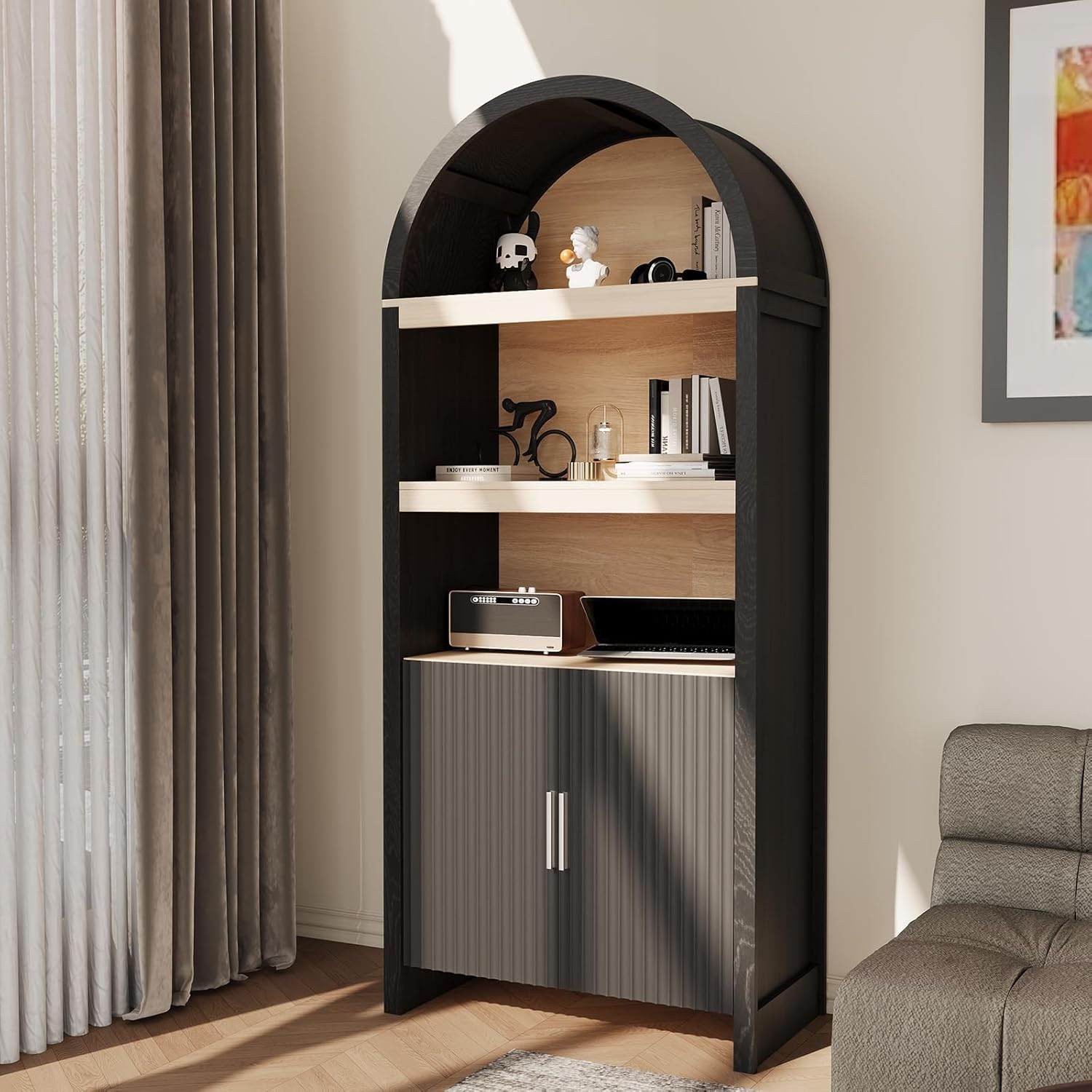 Elegant 71″ Arched Storage Cabinet & Bookcase – Black & Oak Finish