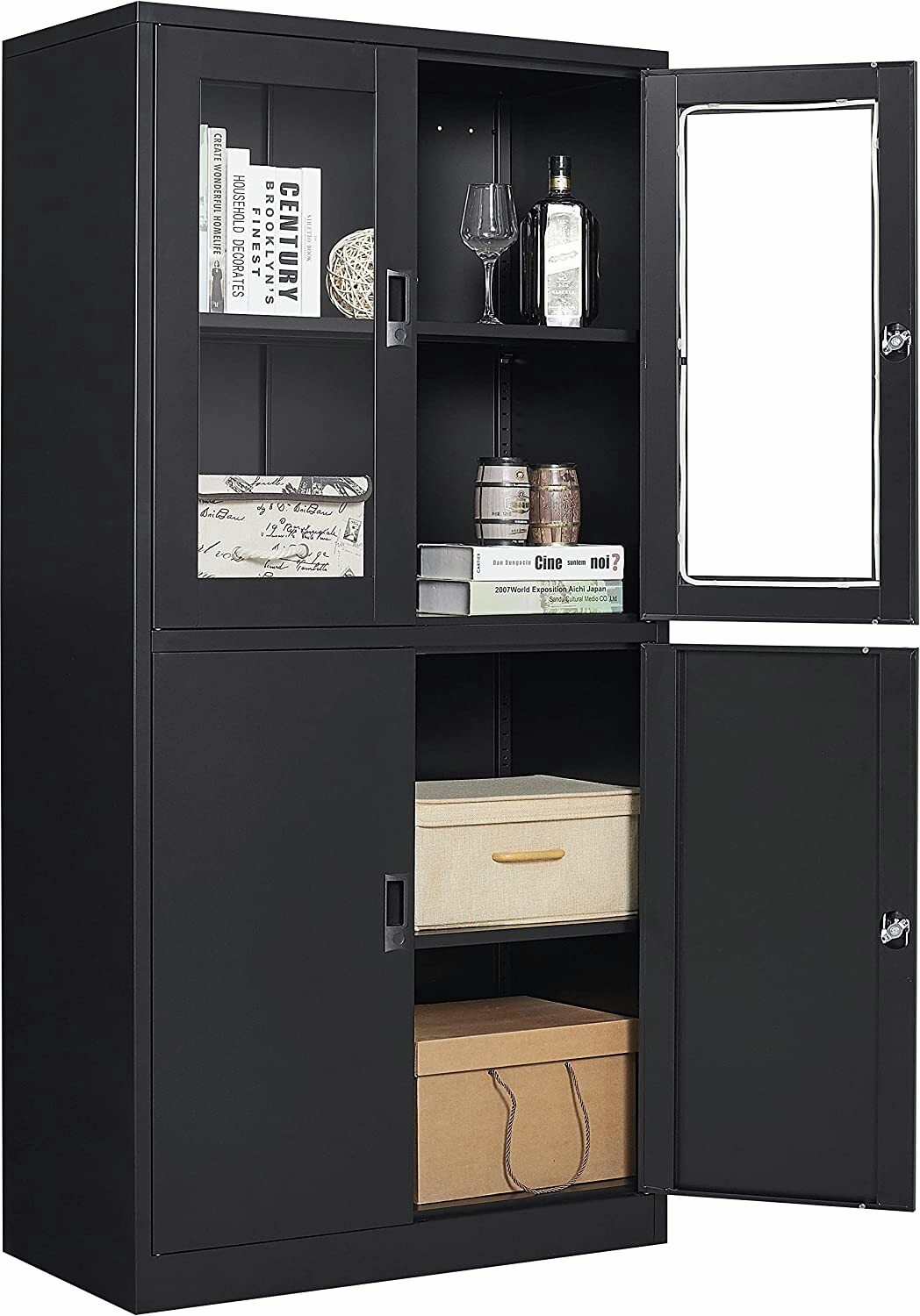 71″ Locking Display Cabinet 4 Doors Tall Steel Cabinet Locker for Home Office