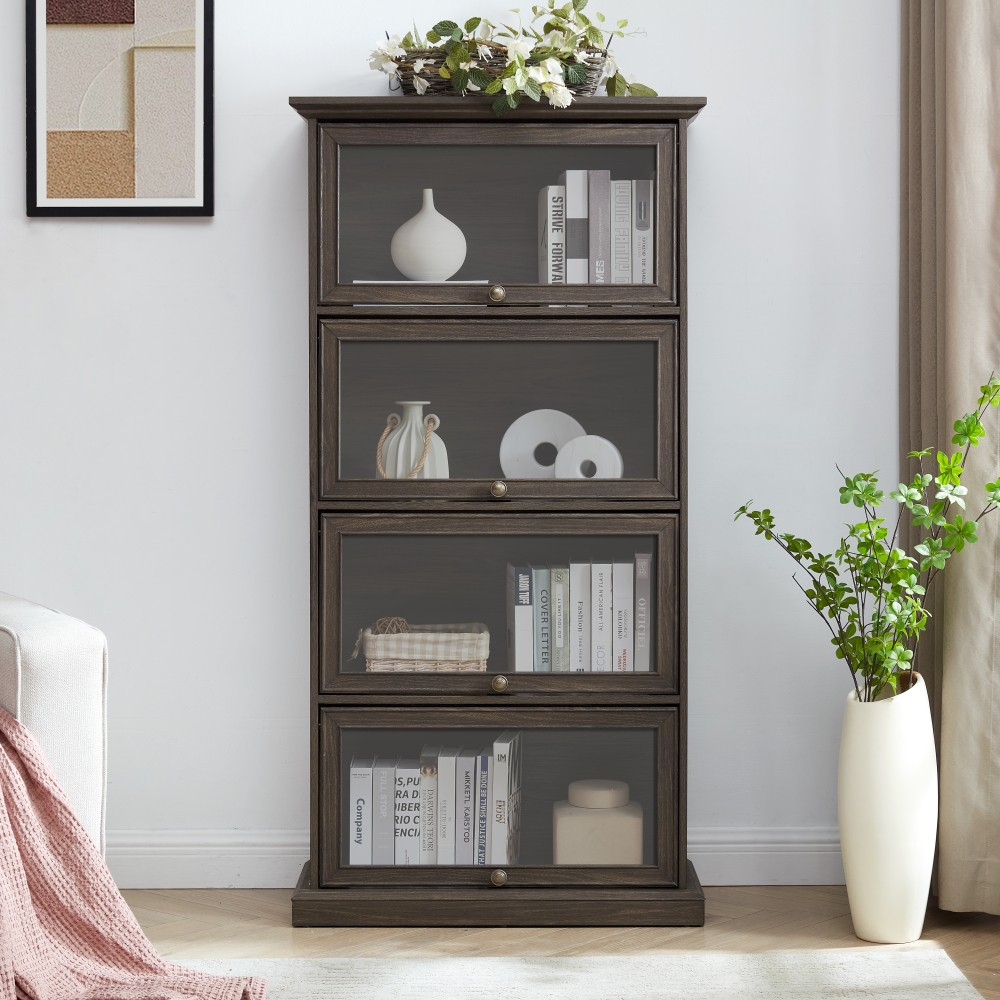 4 Tier Glass Display Cabinet Wooden Curio Cabinet Flip Up Glass Doors Storage