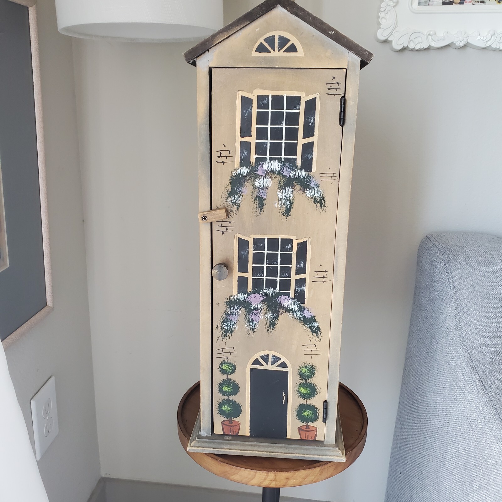Vintage Hand Painted Wood Townhouse Cabinet Folk Art Cottagecore Storage Box