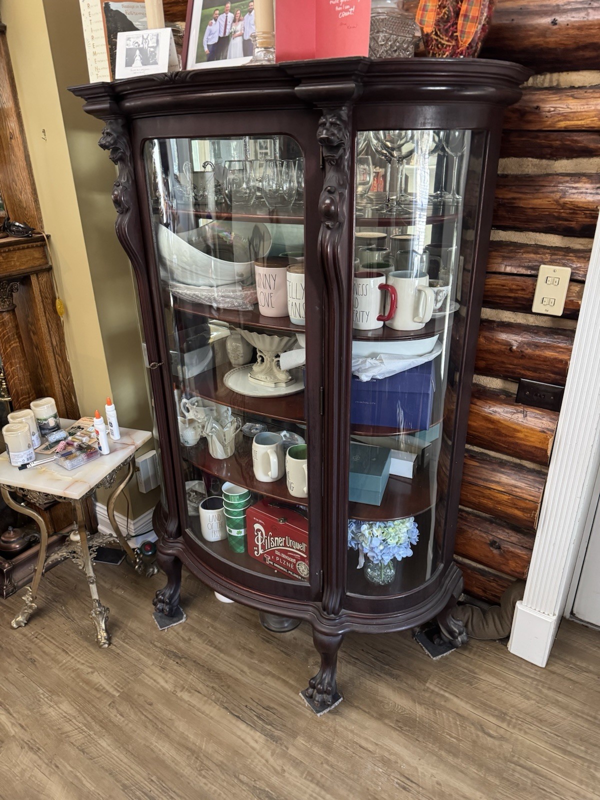Vintage Curved Glass Front Curio Cabinet Dark Brown Wood Freestanding
