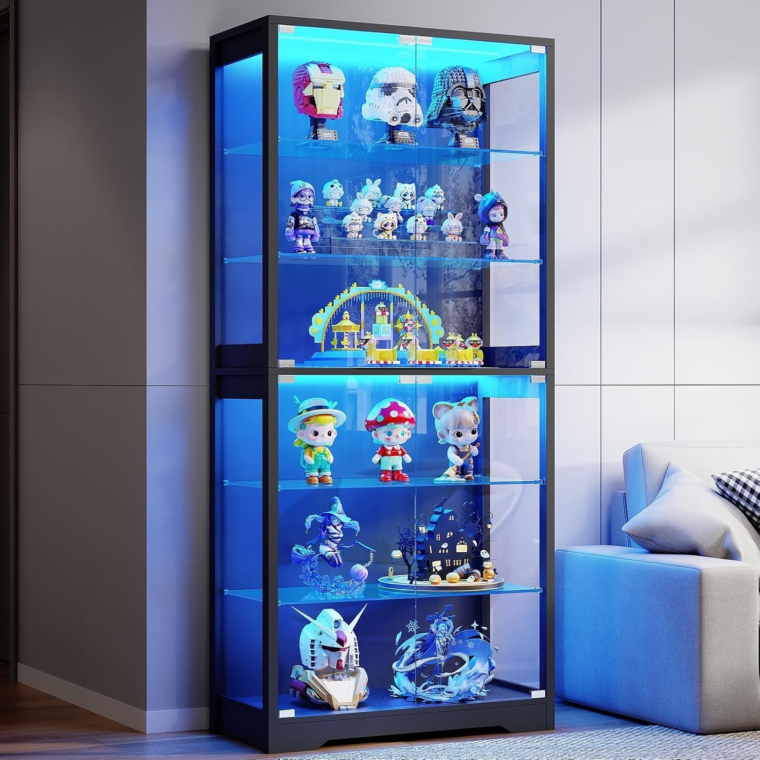Display Cabinet W/ Glass Door 6-Tier 71″ Curio Cabinet W/ 3 Color Lights