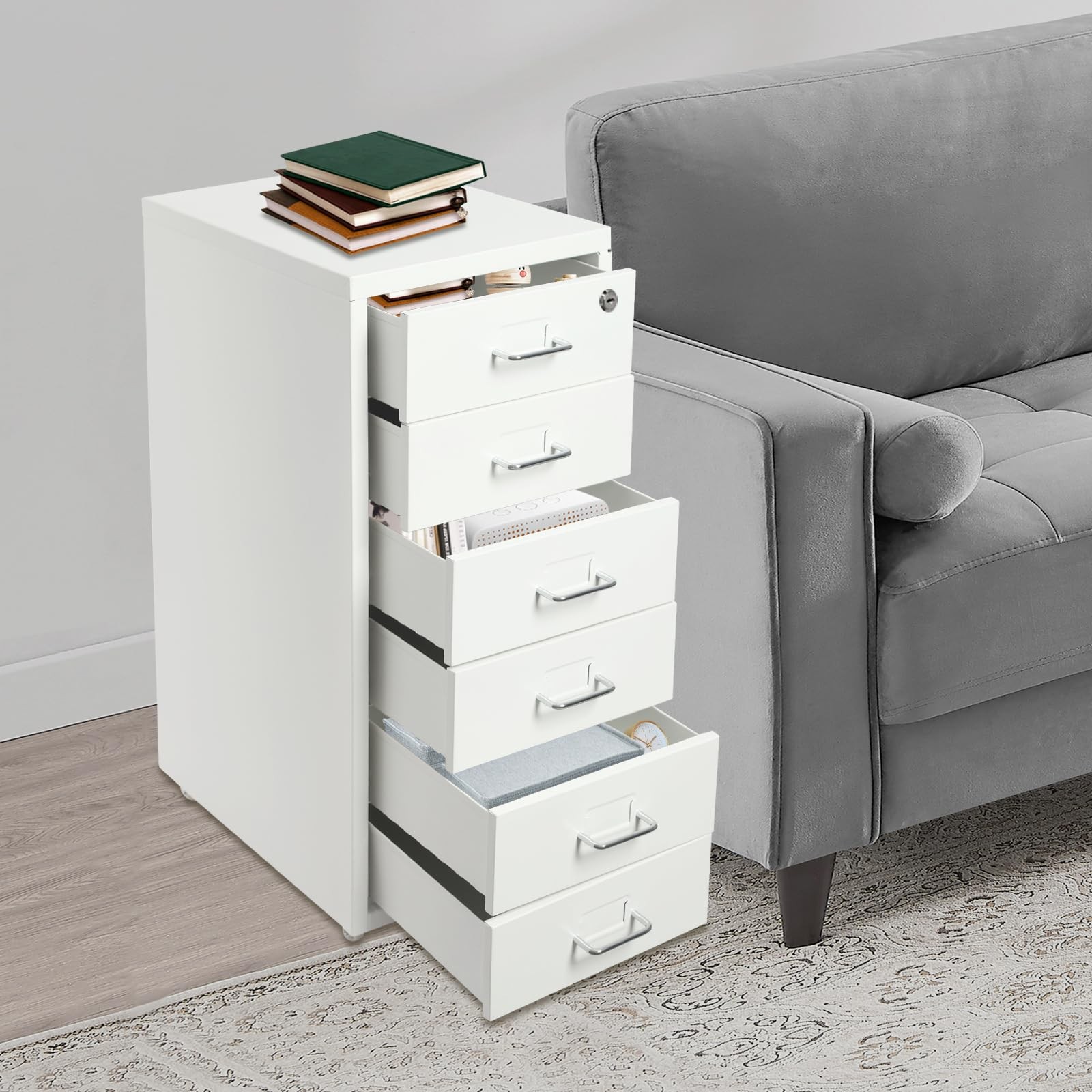 6 Drawer Vertical File Cabinet Rolling Wheels Cold Rolled Steel 27 Inch White