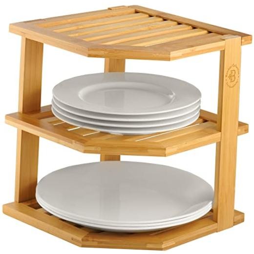 Bambüsi Plate Organizer for Cabinet – 3 Tier Corner Cabinet Organizer Bamboo