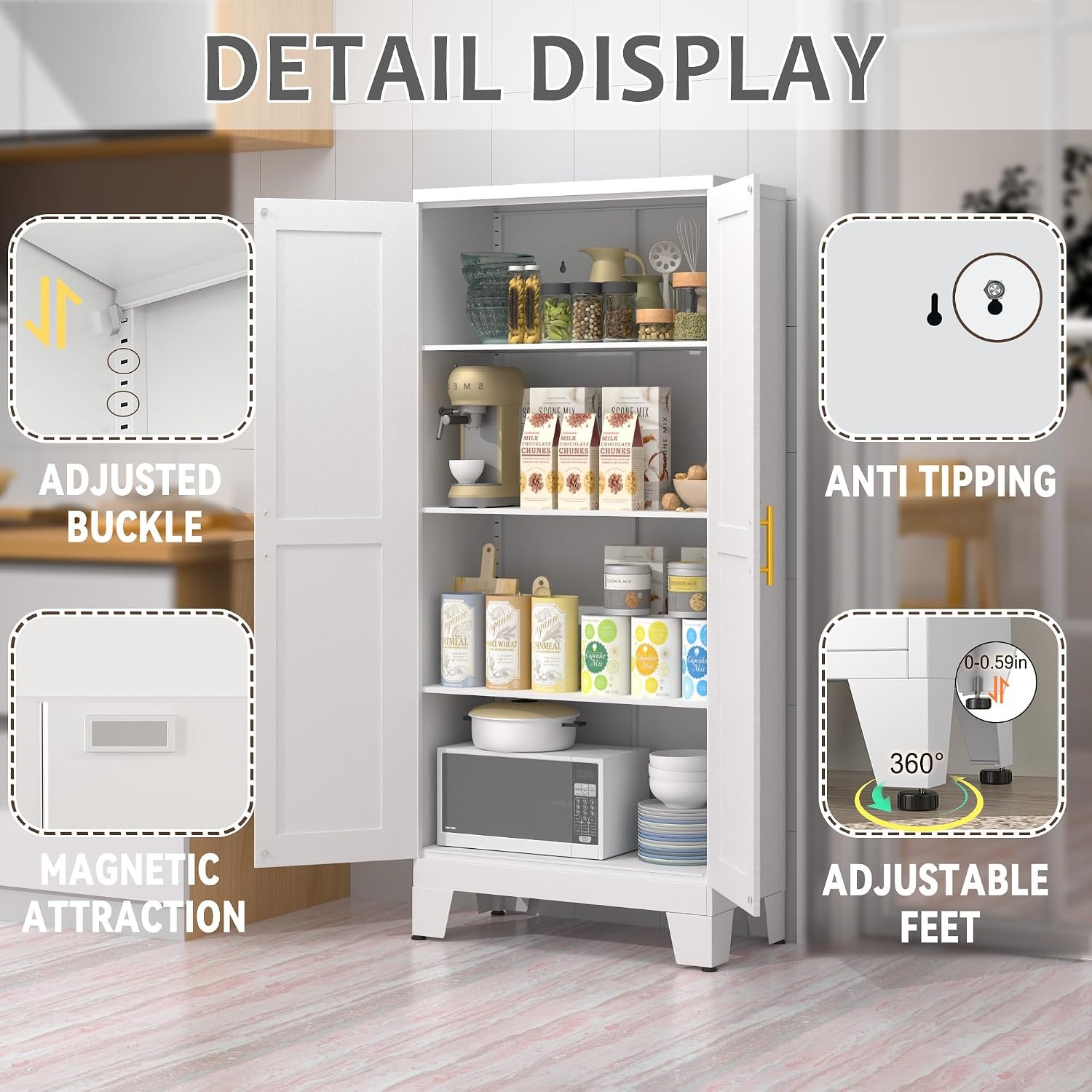 61.02″ Metal Pantry Cabinet White Kitchen Pantry Storage Cabinets