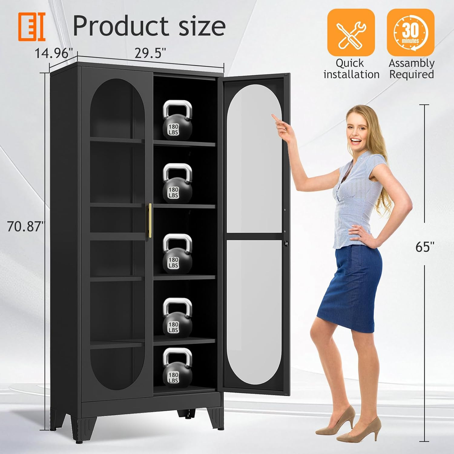PAOFIN 71″ H Locking Display Cabinet with Glass Door, Metal Curio Cabinets with