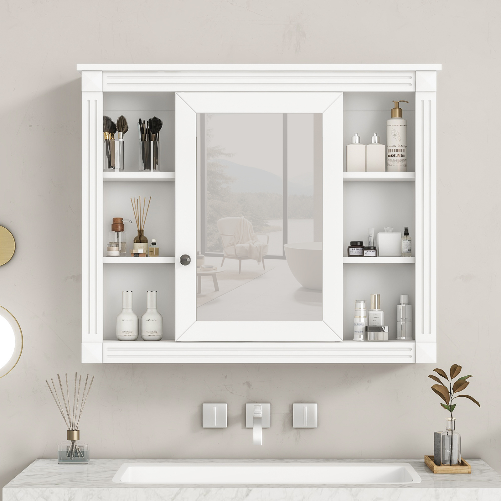 Medicine Cabinet Wall Mounted Storage Cabinet with Mirrored Door & Open Shelves