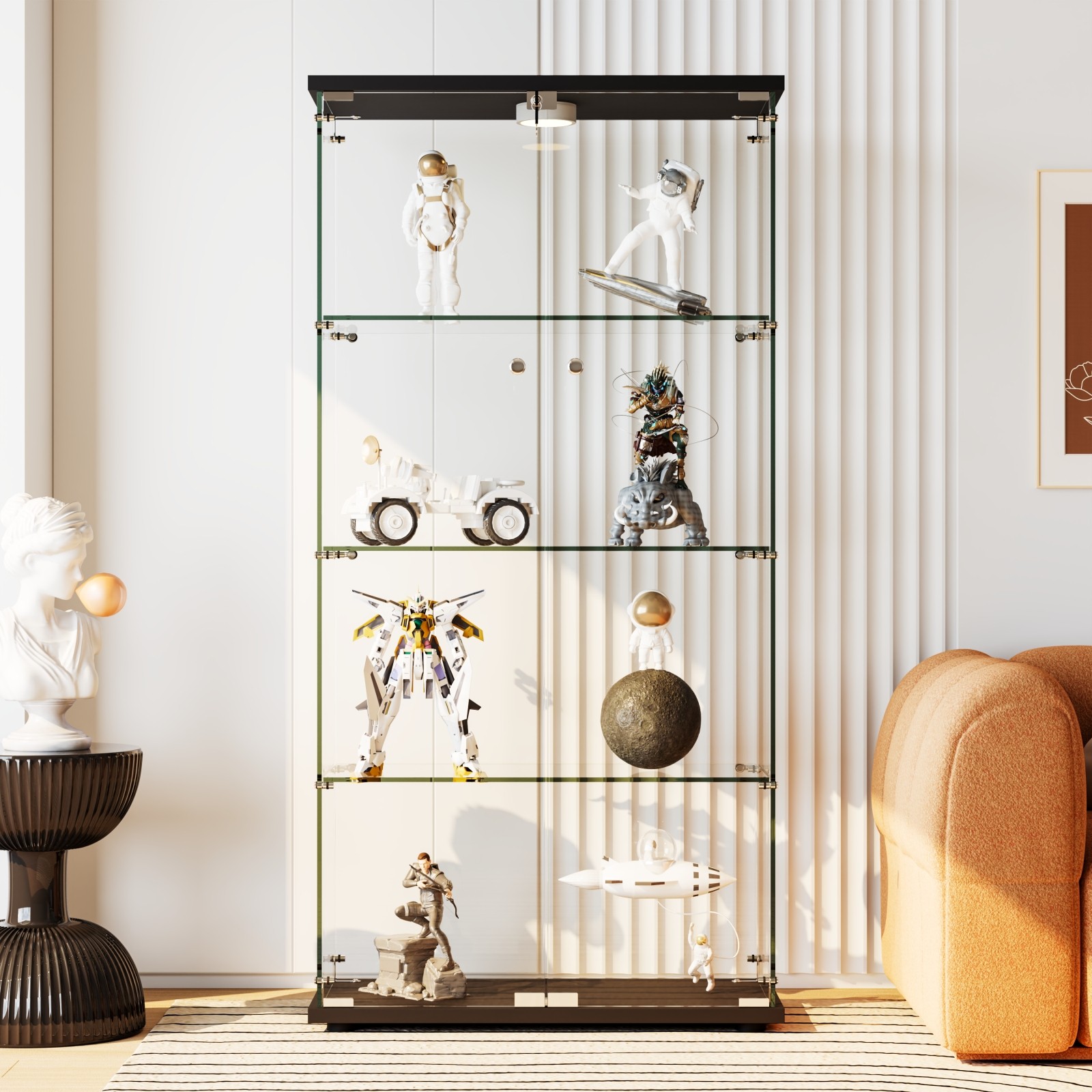 65 in Tall Display Cabinet, 4-Tier Tempered Glass Curio Showcase with LED Light
