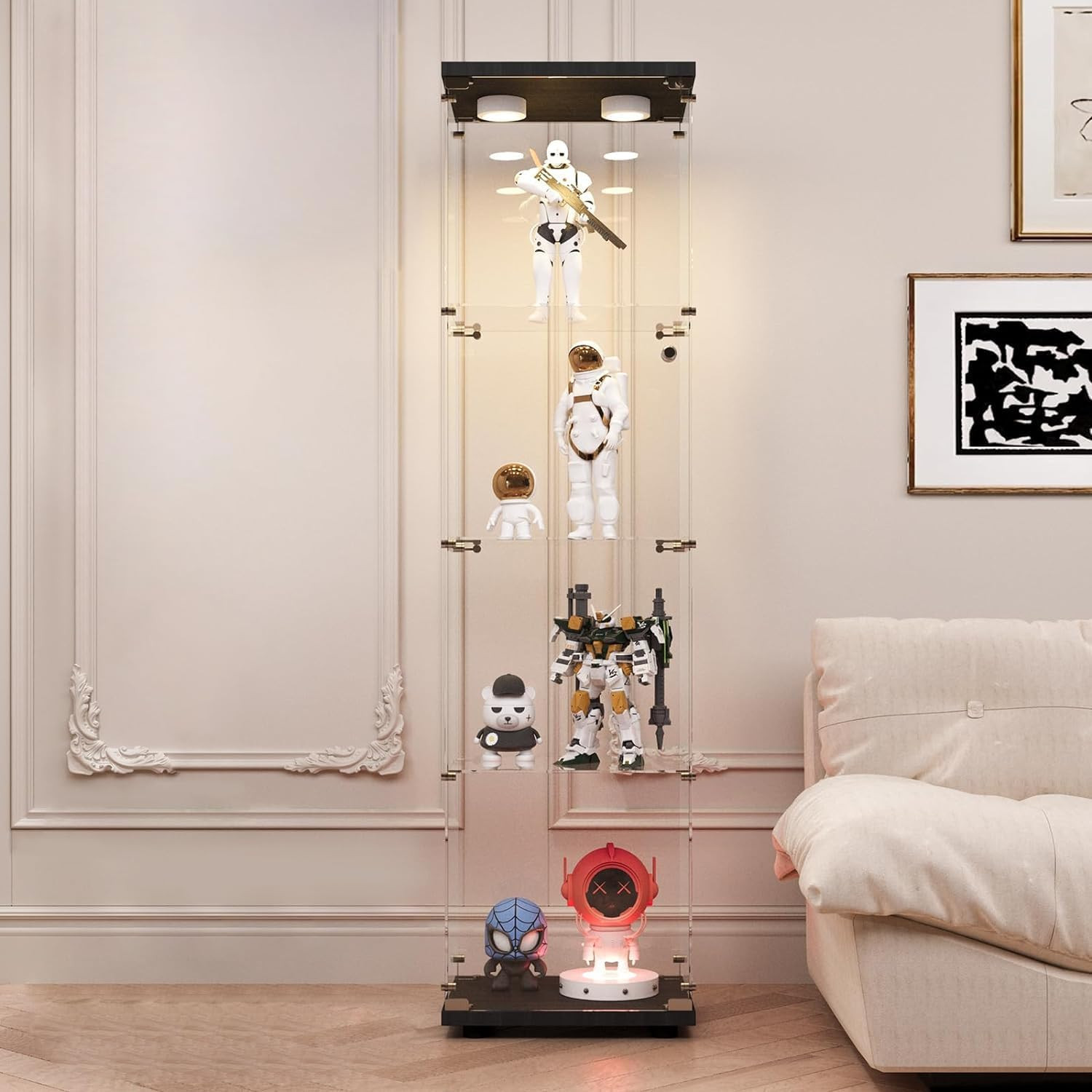 LED Glass Display Cabinet with Lock, 4-Shelf Curio Showcase, Black 65″x17″x14.5