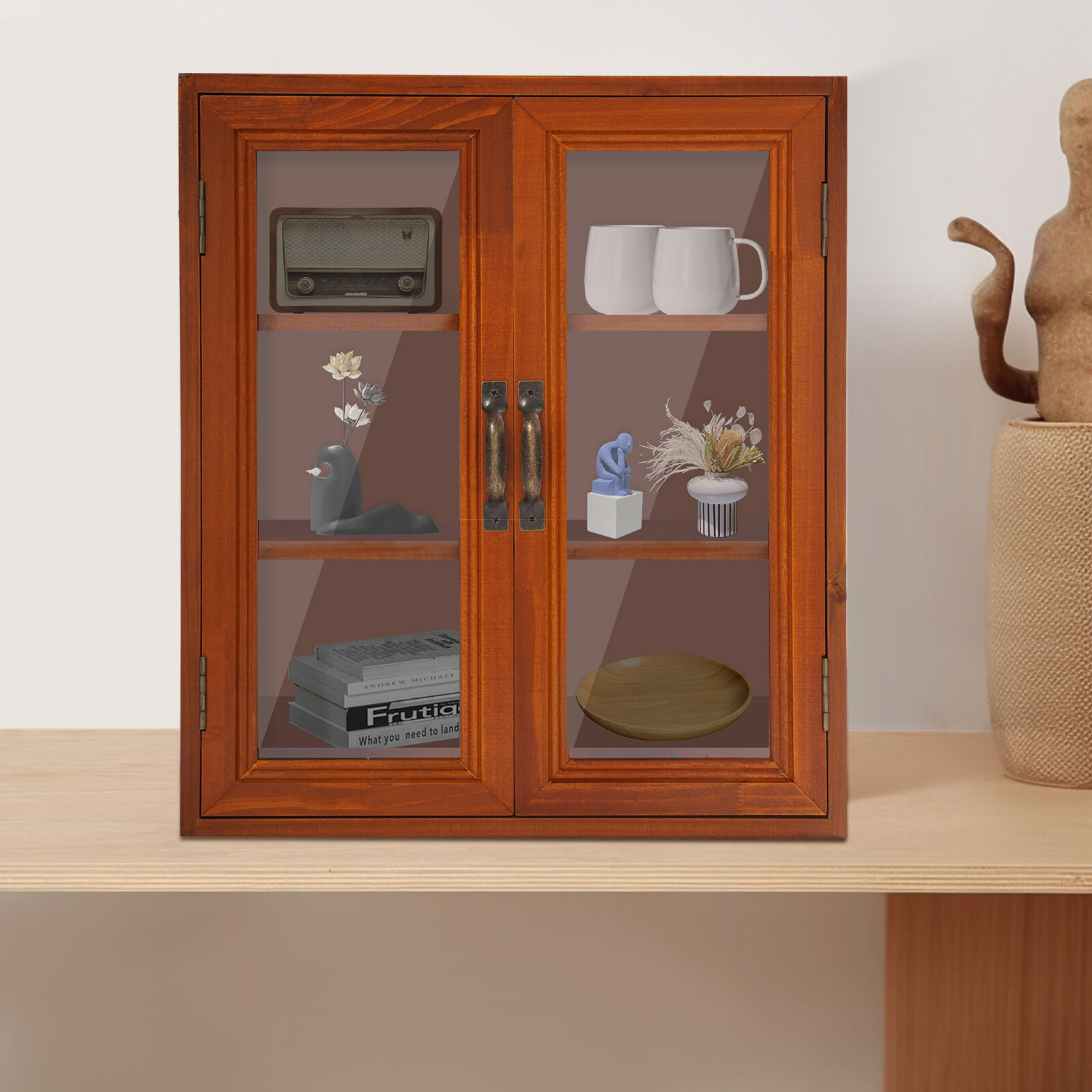 Wooden Cabinet Storage Organizer Clear Magnetic Doors 3 Tier Home Storage Shelf