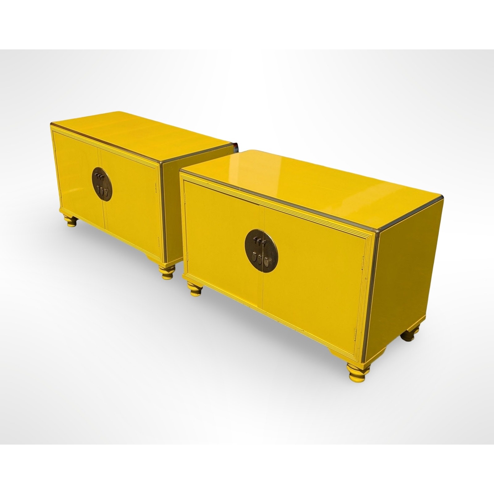 Baker Far East Collection Cabinets by Michael Taylor Yellow Lacquer Pair MCM