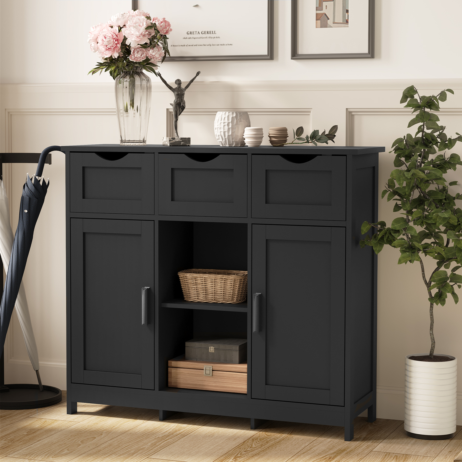 3 Drawer Sideboard Modern Cupboard Wood Storage Cabinet w/3 Adjustable Shelves
