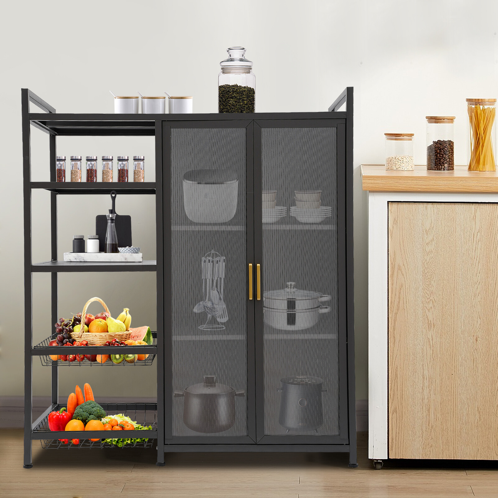Modern Rattan Accent Storage Buffet Cabinet with 2 Doors 4 Shelf, Console Bar