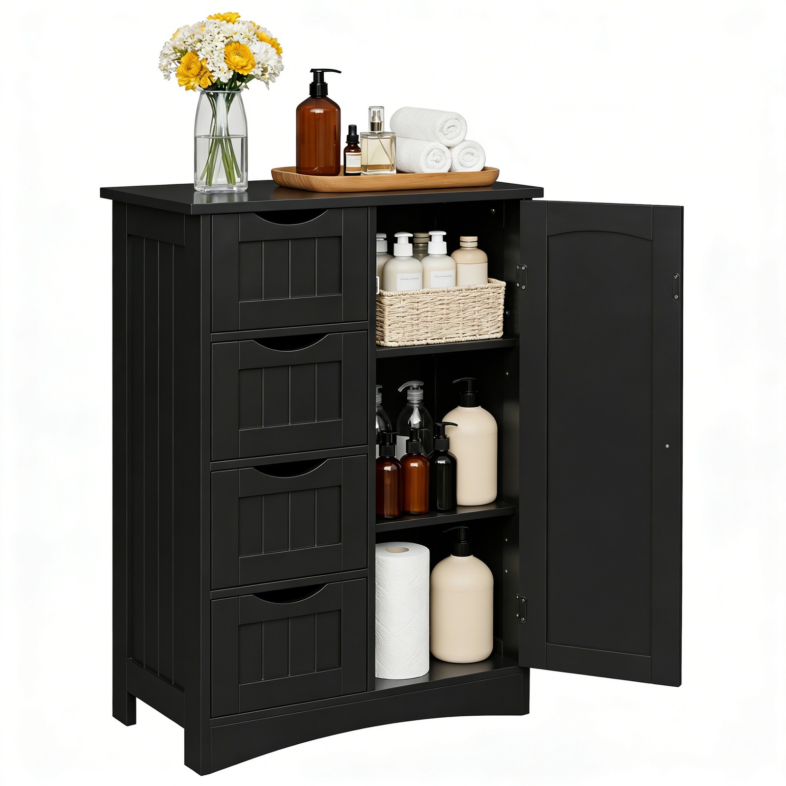 Black Bathroom Linen Cabinet Floor Storage Cabinet with 1 Cupboard and 4 Drawers
