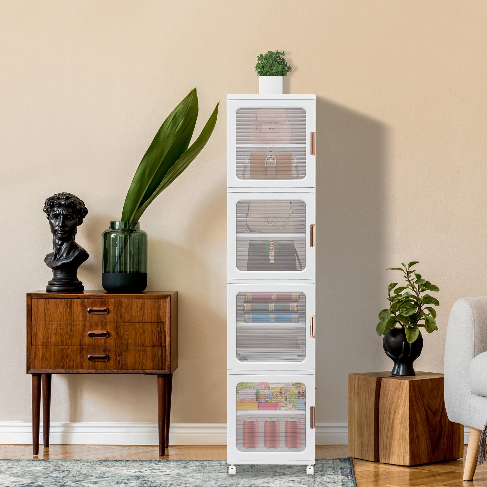 4-Tier Tall Narrow Storage Cabinet Organizer, Slim Bathroom Cabinets with Doors