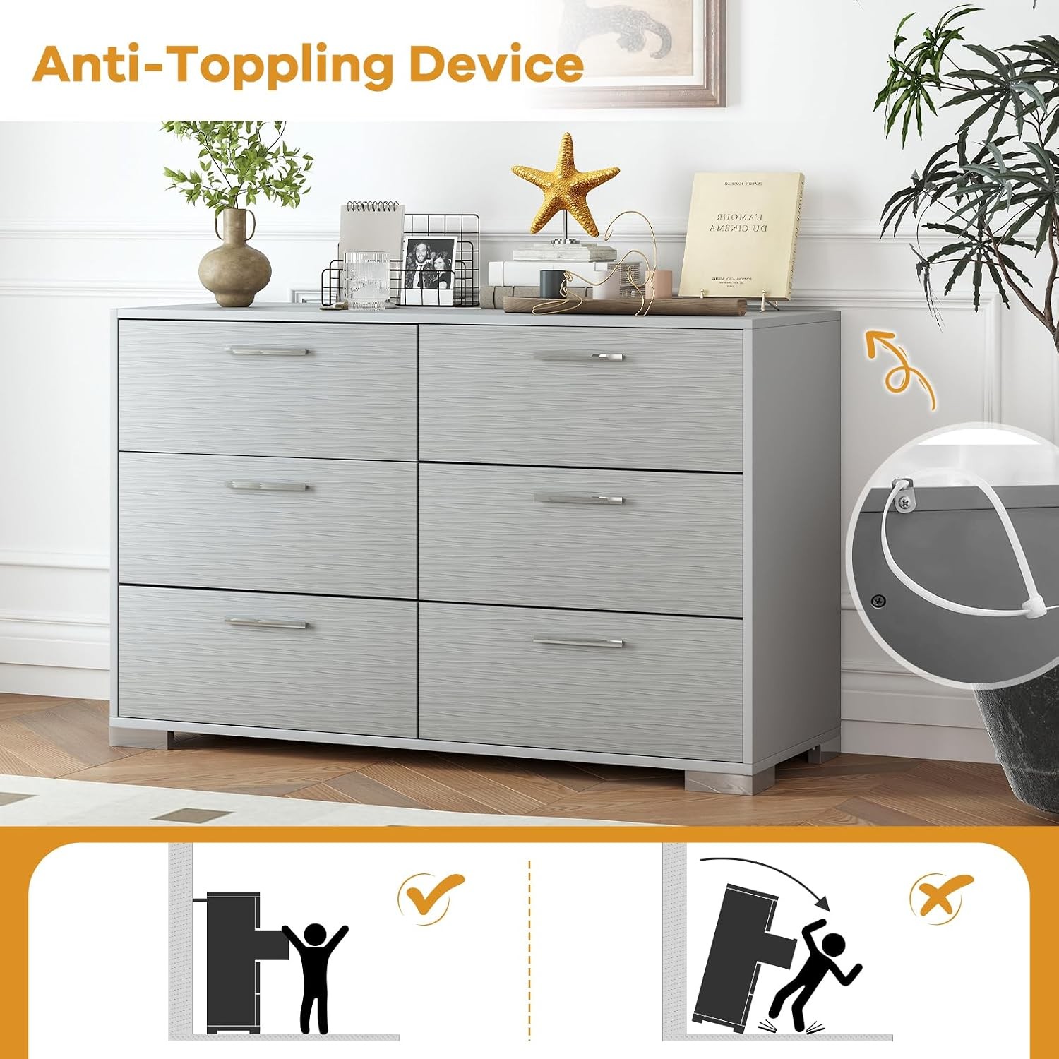Storage Cabinet with 6 Drawers Metal Legs & Handles Anti-Toppling Devices Wide