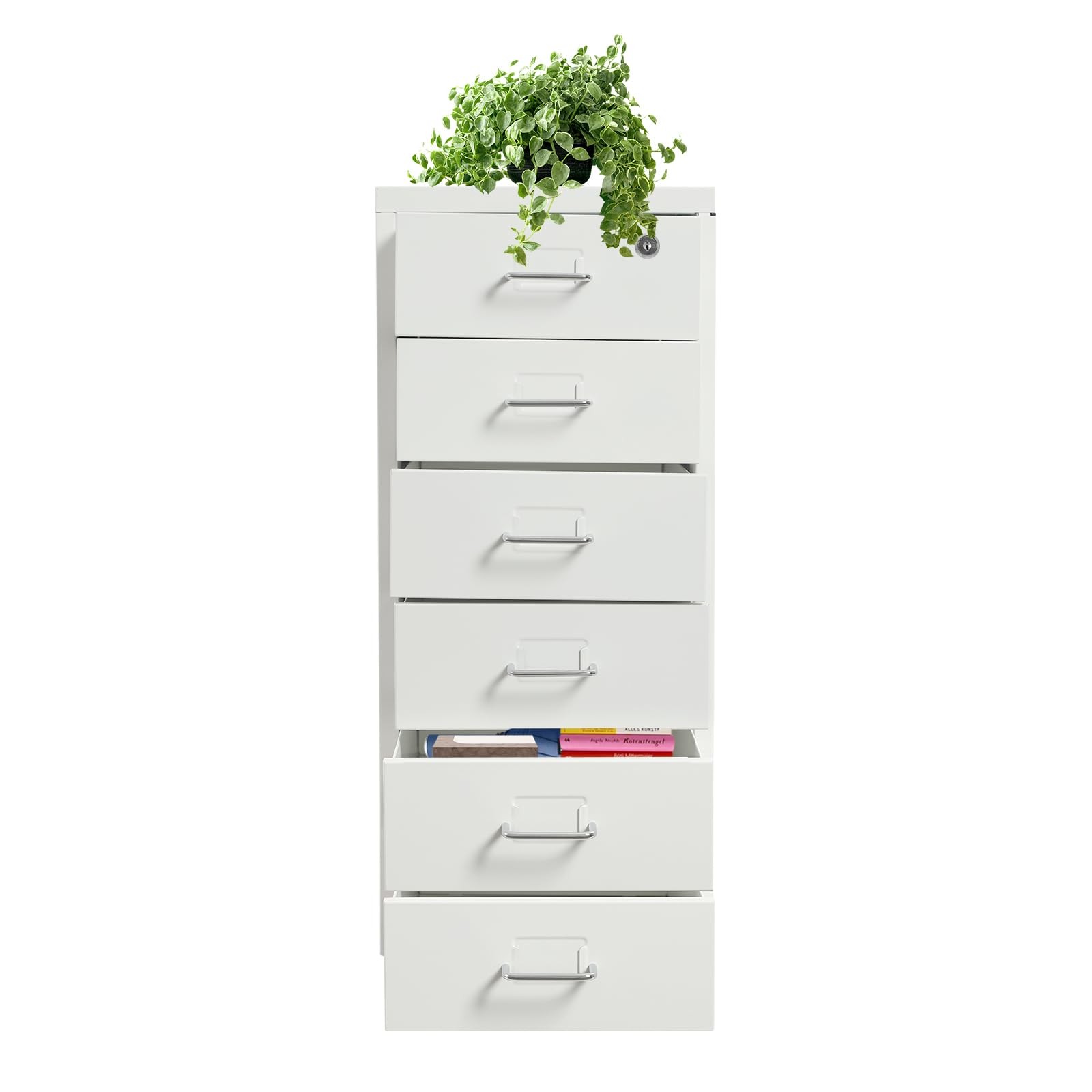 6 Drawer Vertical File Cabinet Rolling Wheels Cold Rolled Steel 27 Inch White