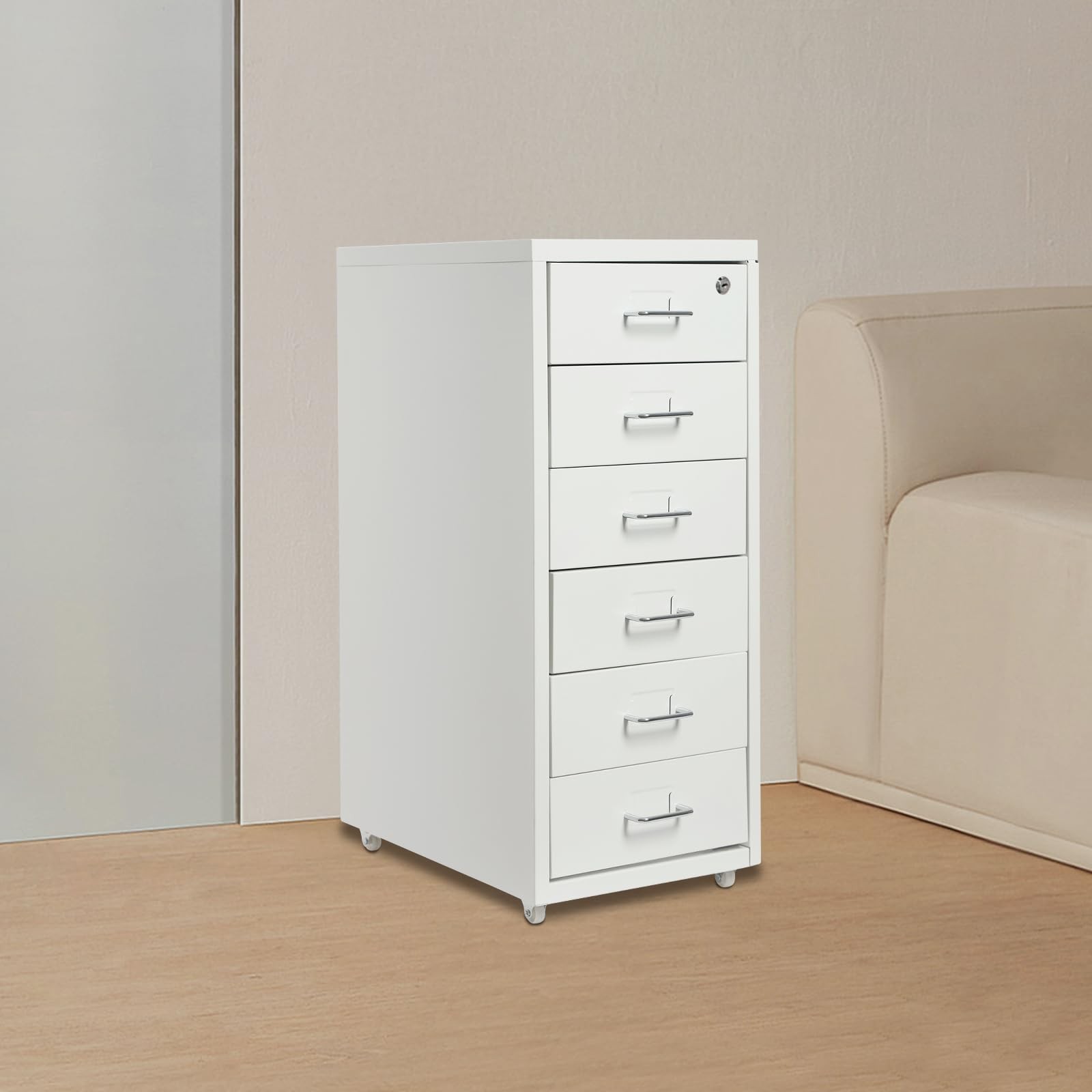 6 Drawer Vertical File Cabinet Rolling Wheels Cold Rolled Steel 27 Inch White