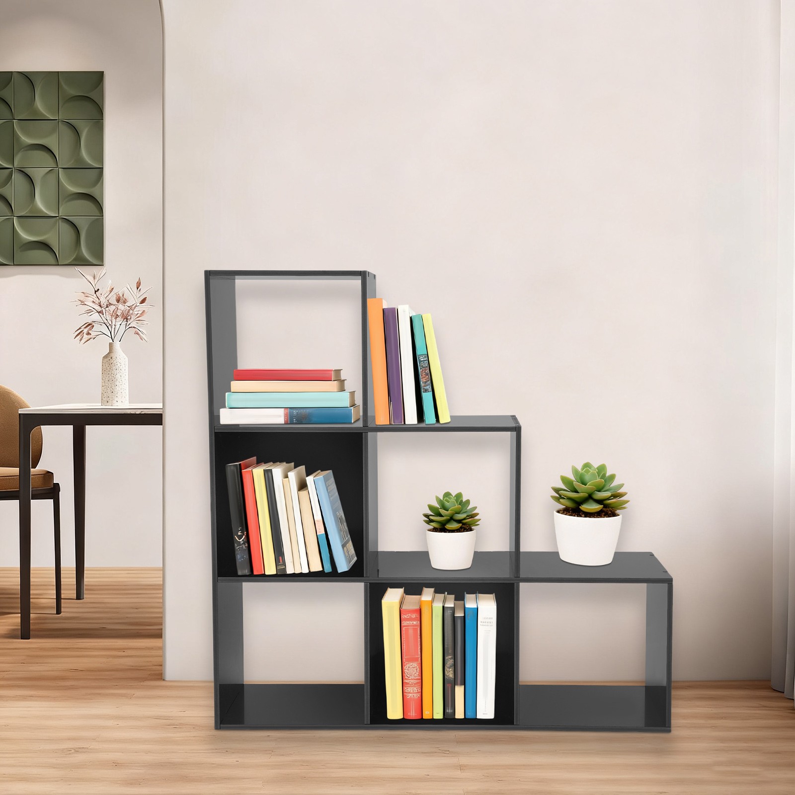 Black 6-cube L-shaped Storage Bookcase Freestanding L-shaped Stepped Bookcase