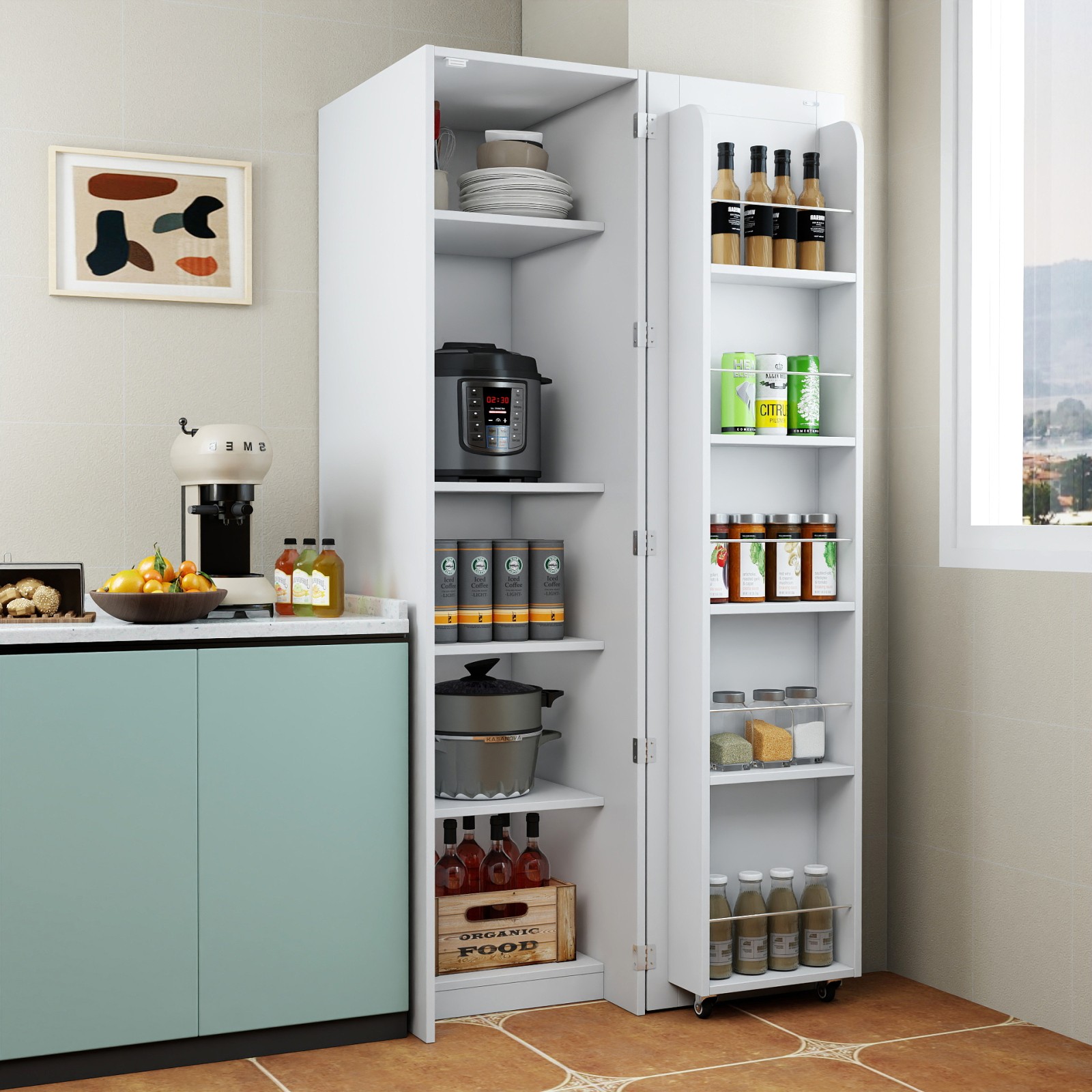 White Kitchen Pantry Cabinet with Doors & Shelves, Freestanding Storage
