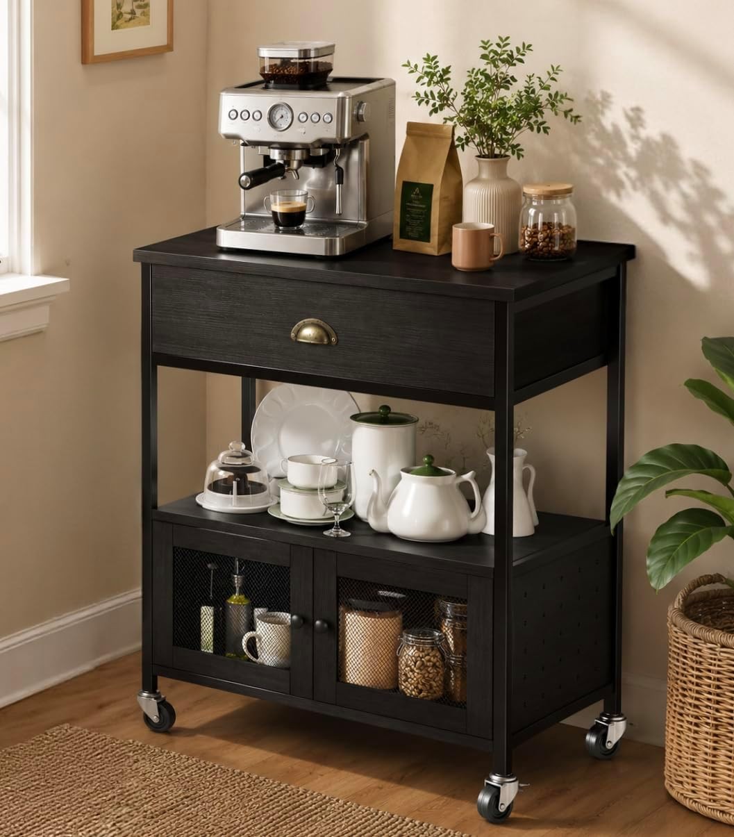Coffee Bar Cart Cabinet 3 Tier Coffee Station Table on Wheel Coffee Cart Kitchen