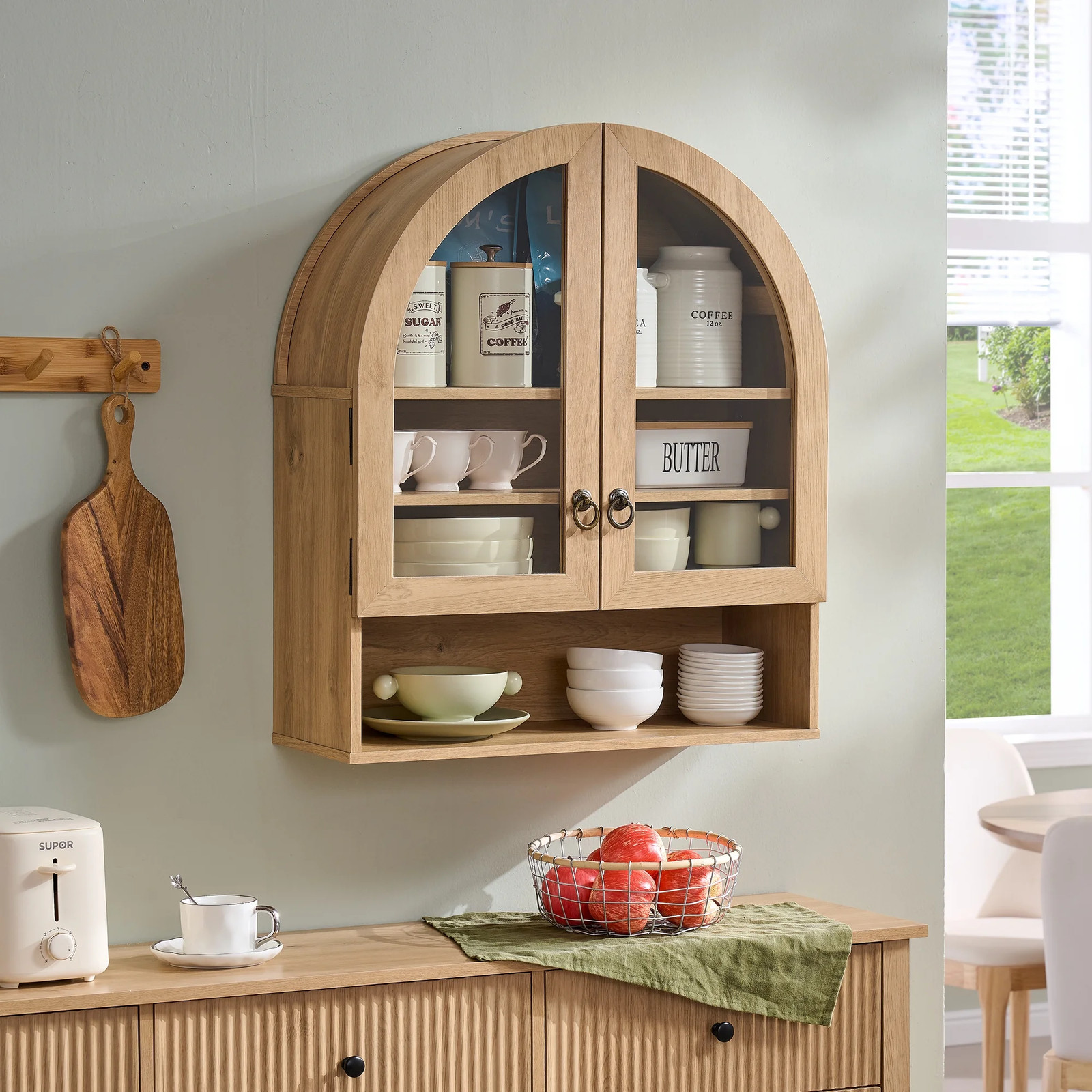 Arched Wall Cabinet with Adjustable Shelves & Glass Doors, Natural